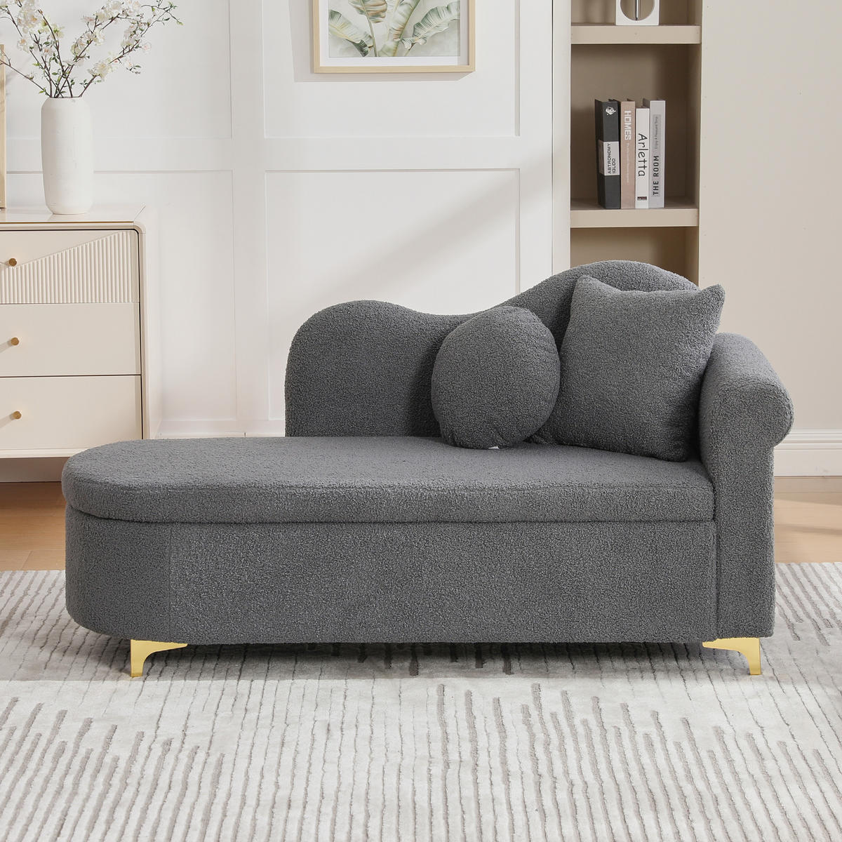 RÉCAMIERE Teddystoff Antikgrau mit Stauraum und mit Kissen - Grau, Holzwerkstoff/Textil (134/70/64cm) - WISHDOR