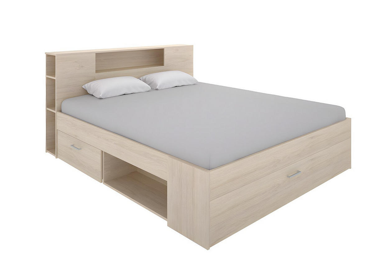 BETT mit Kopfteil, Stauraum & Schubladen + Lattenrost - 140 x 190 cm - Naturfarben - LEANDRE - Naturfarben, Holz (140/190cm) - Vente-Unique