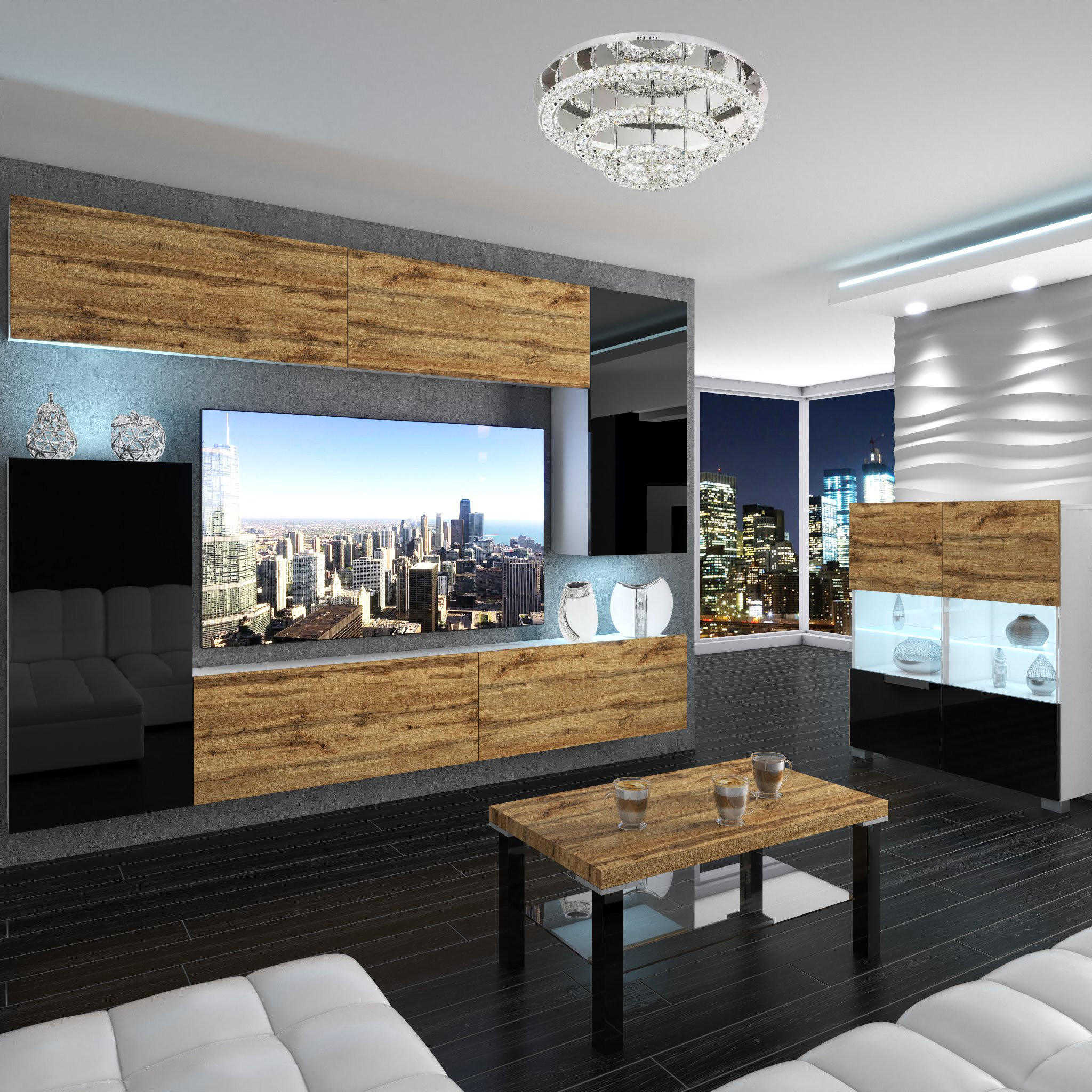 WOHNZIMMERWAND Schrankwand mit LED Wotan Eiche / Schwarz - Schwarz/Braun, Holz (250/180/36cm) - B BELINI GROUP