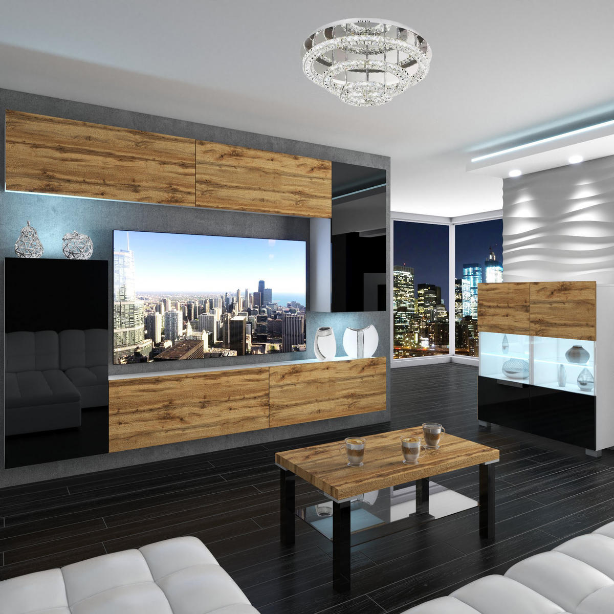 WOHNZIMMERWAND Schrankwand mit LED Wotan Eiche / Schwarz - Schwarz/Braun, Holz (250/180/36cm) - B BELINI GROUP