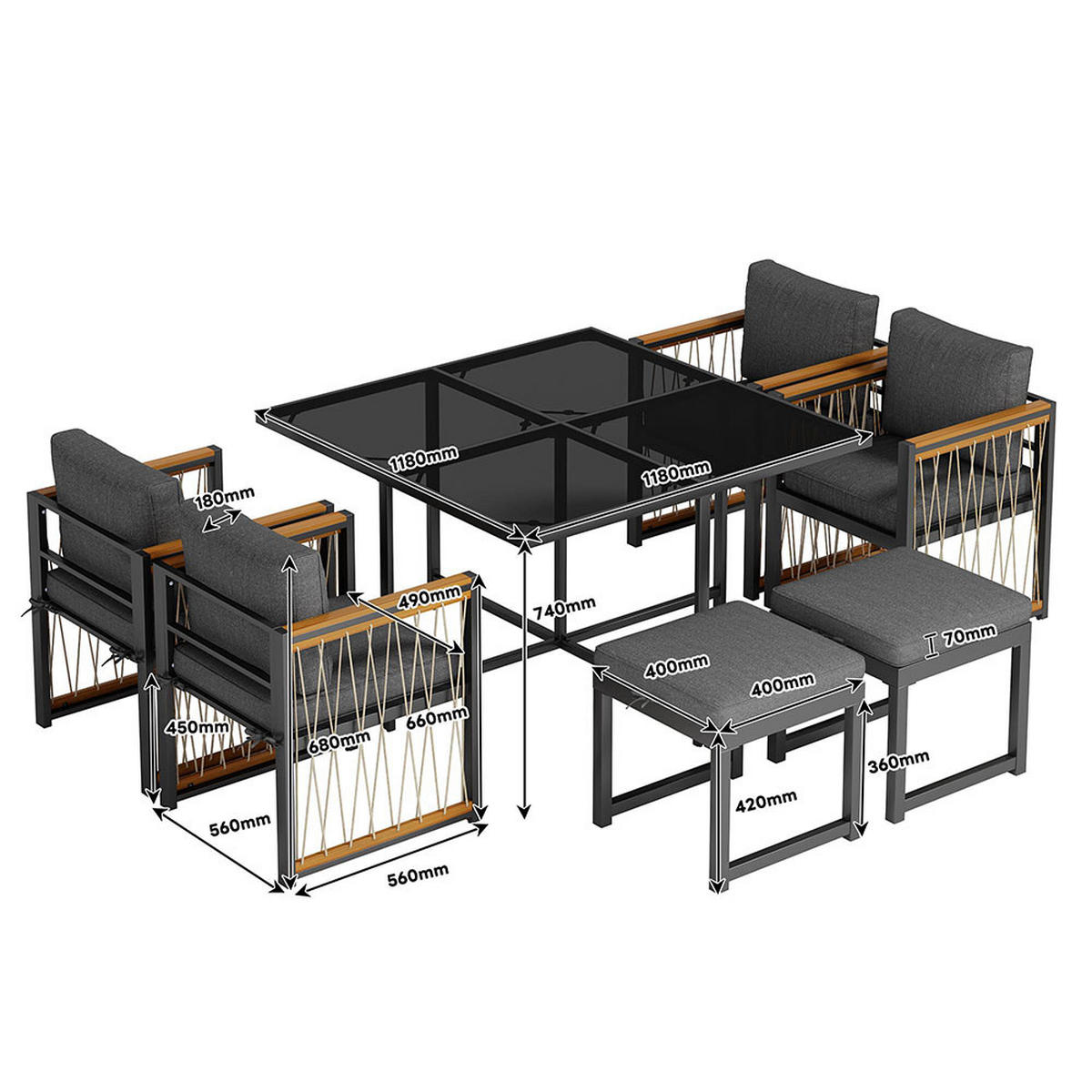 DINING-LOUNGESET für 6 Personen mit Tisch aus gehärtetem Glas - Schwarz, Metall - KOMHTOM