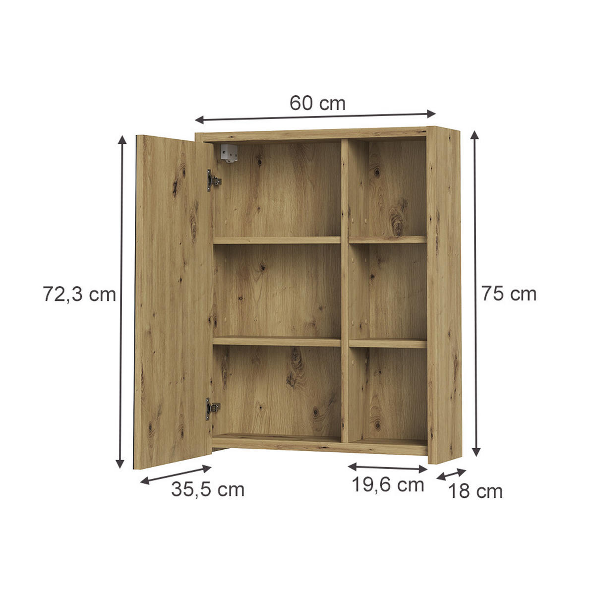 BADSPIEGELSCHRANK Viola, Cashmere/Artisan-Eiche, 60 x 75 cm - Kaschmir/Eiche Artisan, Holzwerkstoff (60/75/18cm) - Vicco