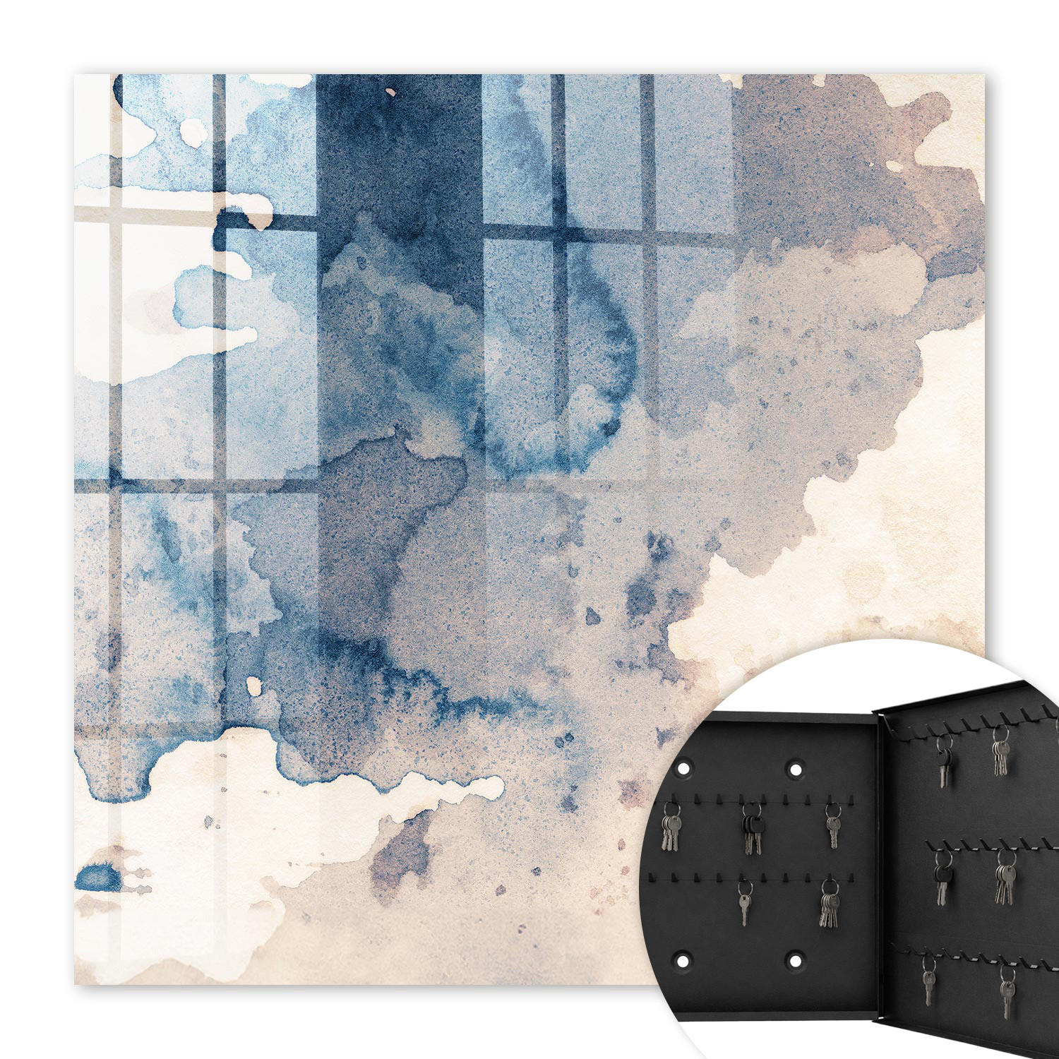 SCHLÜSSELBOX Schwarz 30x30 cm- Türöffnung nach rechts - Wasserfarbenflecken - Blau, Metall (30/30/5cm) - TULUP