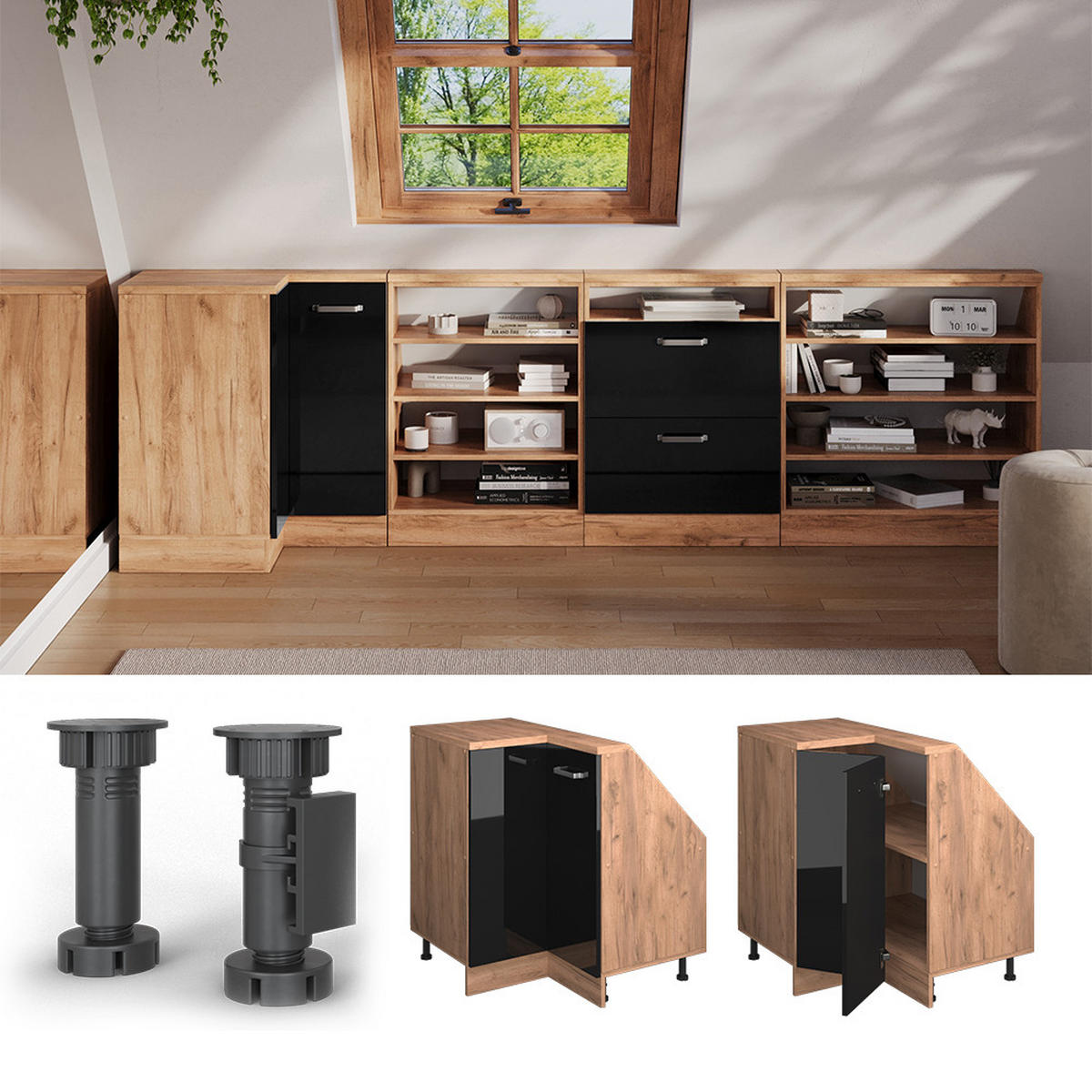 DACHSCHRÄGENSCHRANK ECKSCHRANK Rion Schwarz Hochglanz/Goldkraft Eiche 75.6 x 81.6 cm mit 1 Tür - Honigeiche/Schwarz Hochglanz, Holzwerkstoff (75.6/81.6/75.6cm) - Vicco