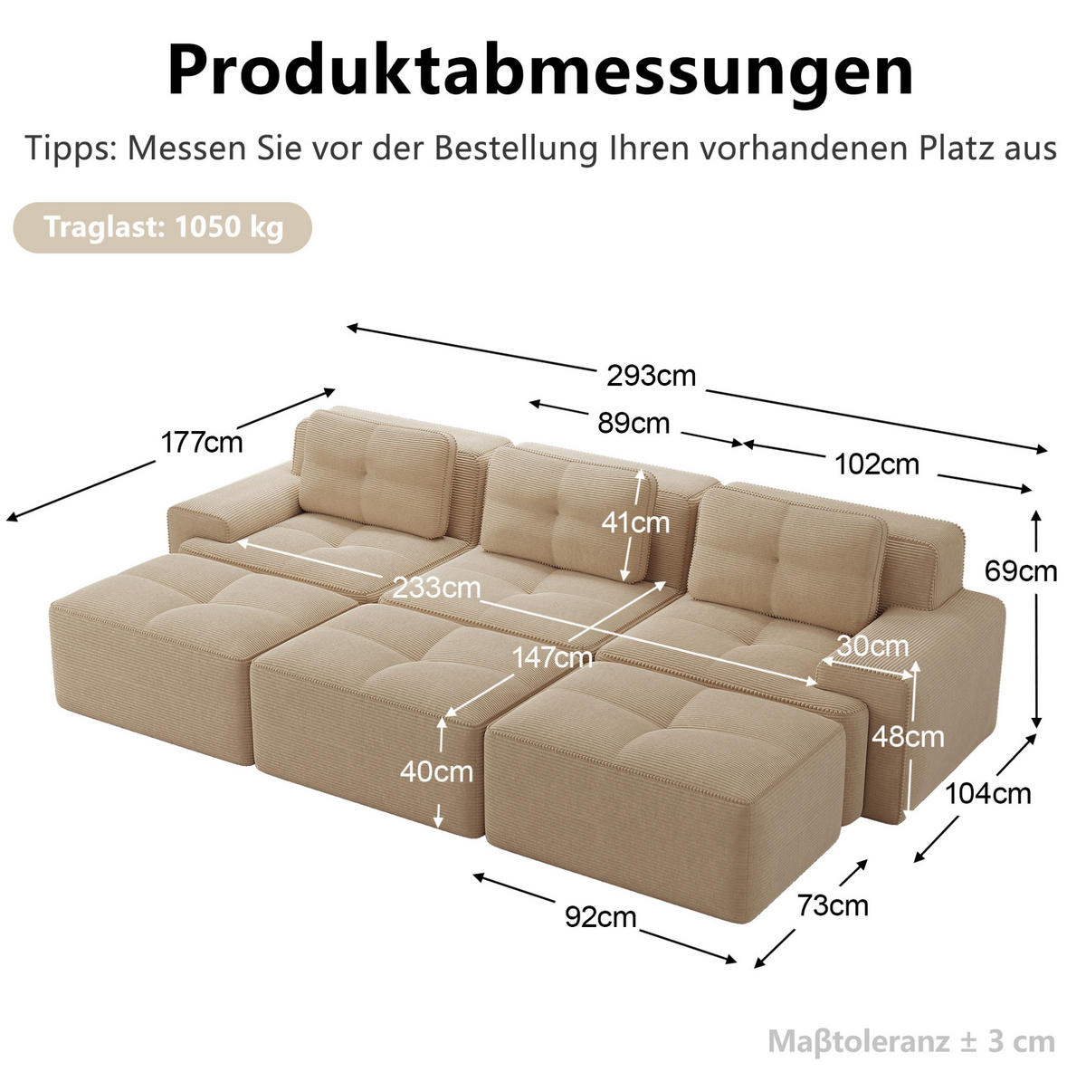 SCHLAFSOFA aus Cord in Beige 293x177x69 cm, modular mit 74 cm Sitztiefe - Beige, Textil (177/69/293cm) - IVMEU