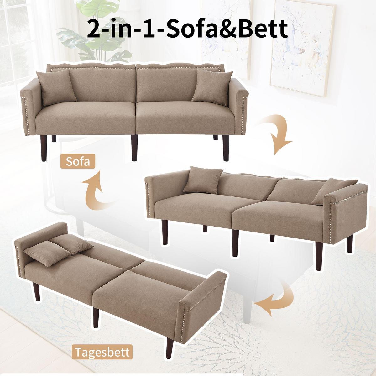 SOFA 2in1 Zweisitzer Liegefunktion Unabhängig Verstellbar Baumwoll-Leinen - Braun, Holz (92.71/19.05/80cm) - FLIEKS
