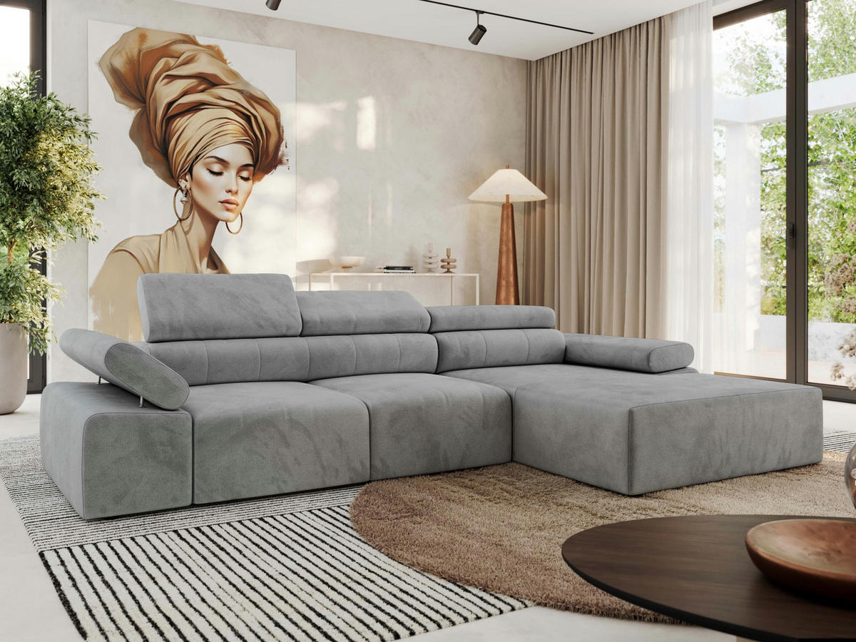 ECKSOFA RILASSO L Hellgrau Velvet - rechts - Hellgrau/Schwarz, Kunststoff/Textil (174/296cm) - MKS