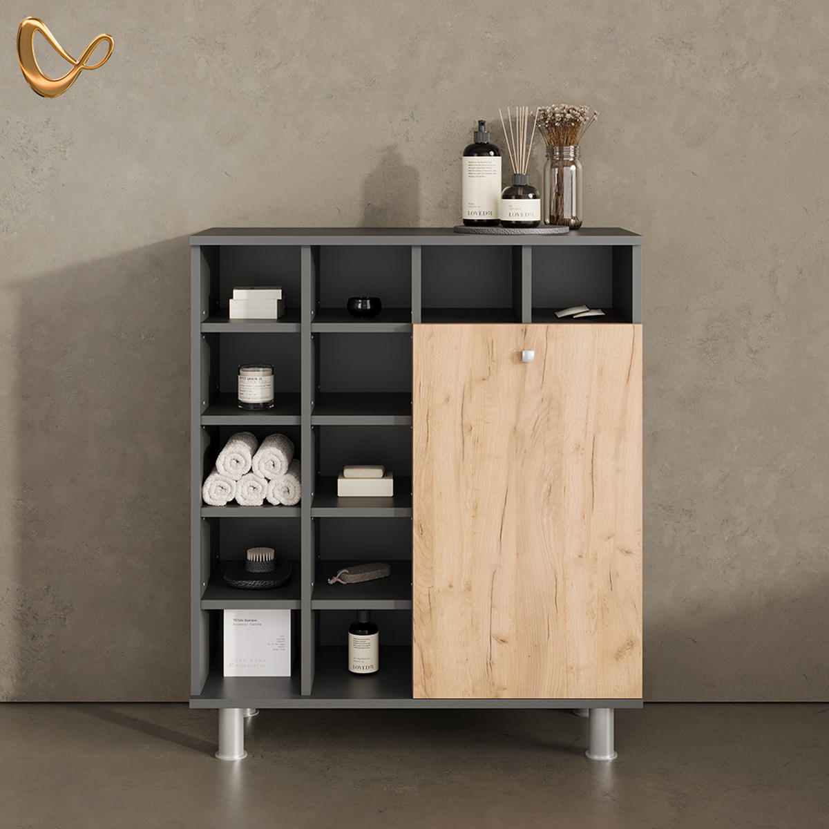 BADSCHRANK Fucino Anthrazit/Goldkraft Eiche 78.4 x 91.6 cm - Honigeiche/Anthrazit, Holzwerkstoff (78.4/91.6/34cm) - Livinity®