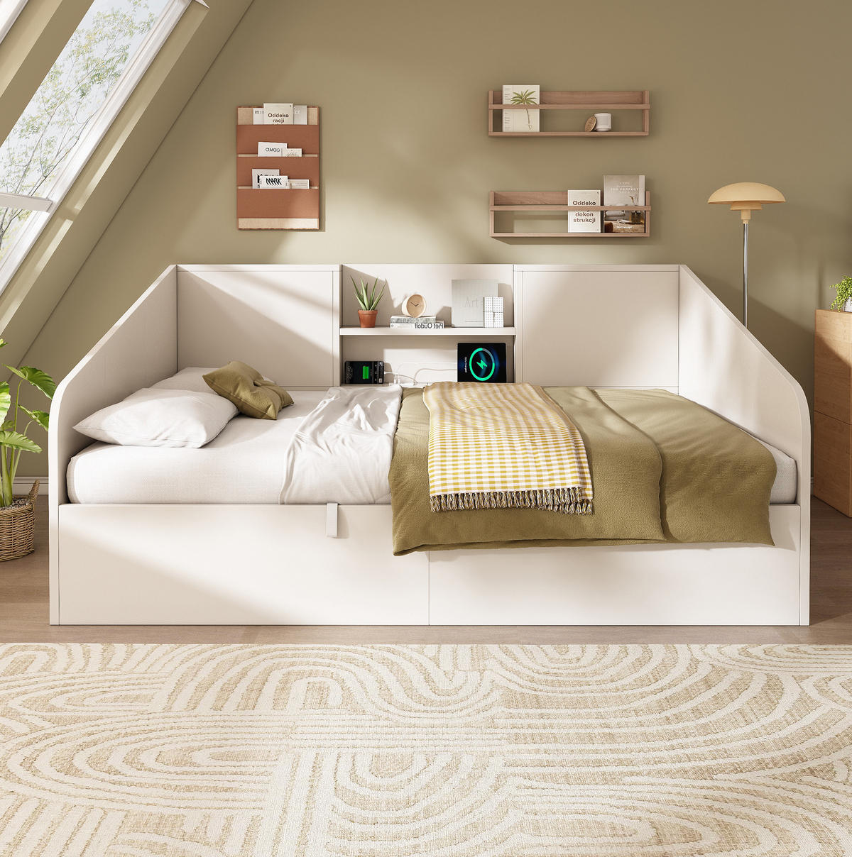 DENNÁ posteľ z MDF a masívneho dreva 90x190 cm biela s USB/Type-C nabíjaním a úložným priestorom - biela, kompozitné drevo (90/190cm) - Modfu