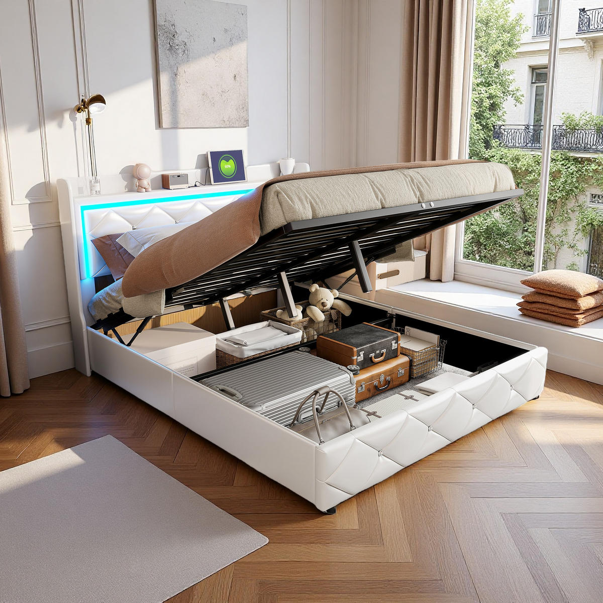 POLSTERBETT 140x200 cm LED USB C Stauraum Lattenrost PU Leder weiß - Weiß, Holz (140/200cm) - LEBENLANG