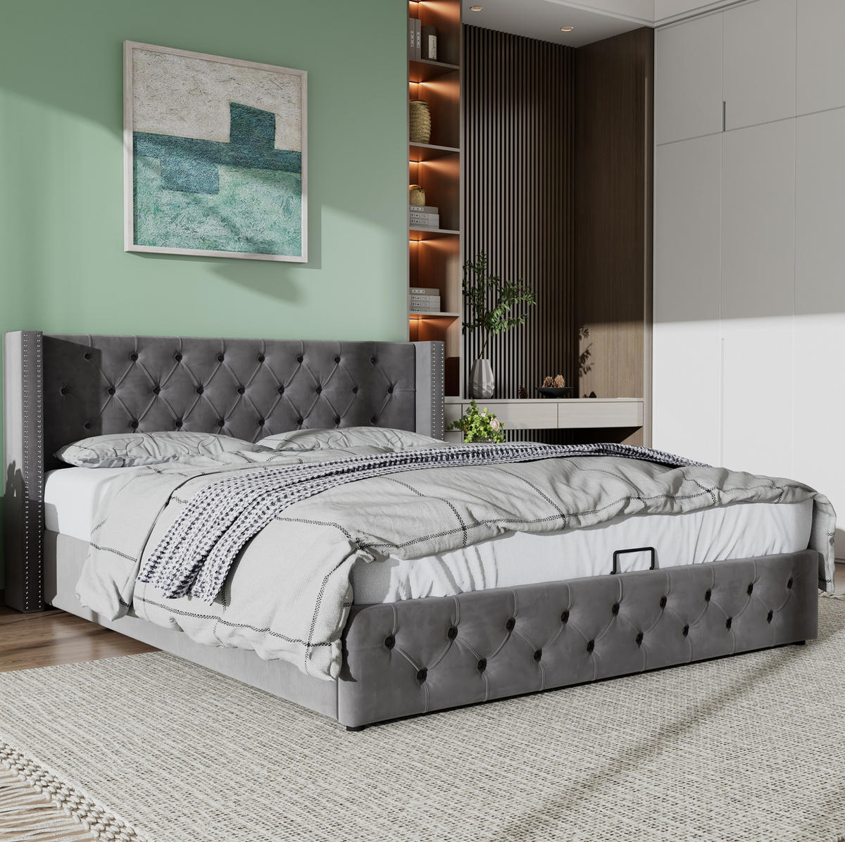 POLSTERBETT 180/200 cm Grau aus Samt mit Bettkasten - Grau, Textil (180/200cm) - OKMYHOME