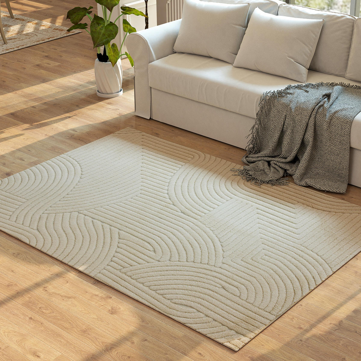 TEPPICH Anti-Rutsch Geometrisch Hochflor Wohnzimmerteppich mit Modern-Design - Creme, Textil (140/200cm) - HOMCOM
