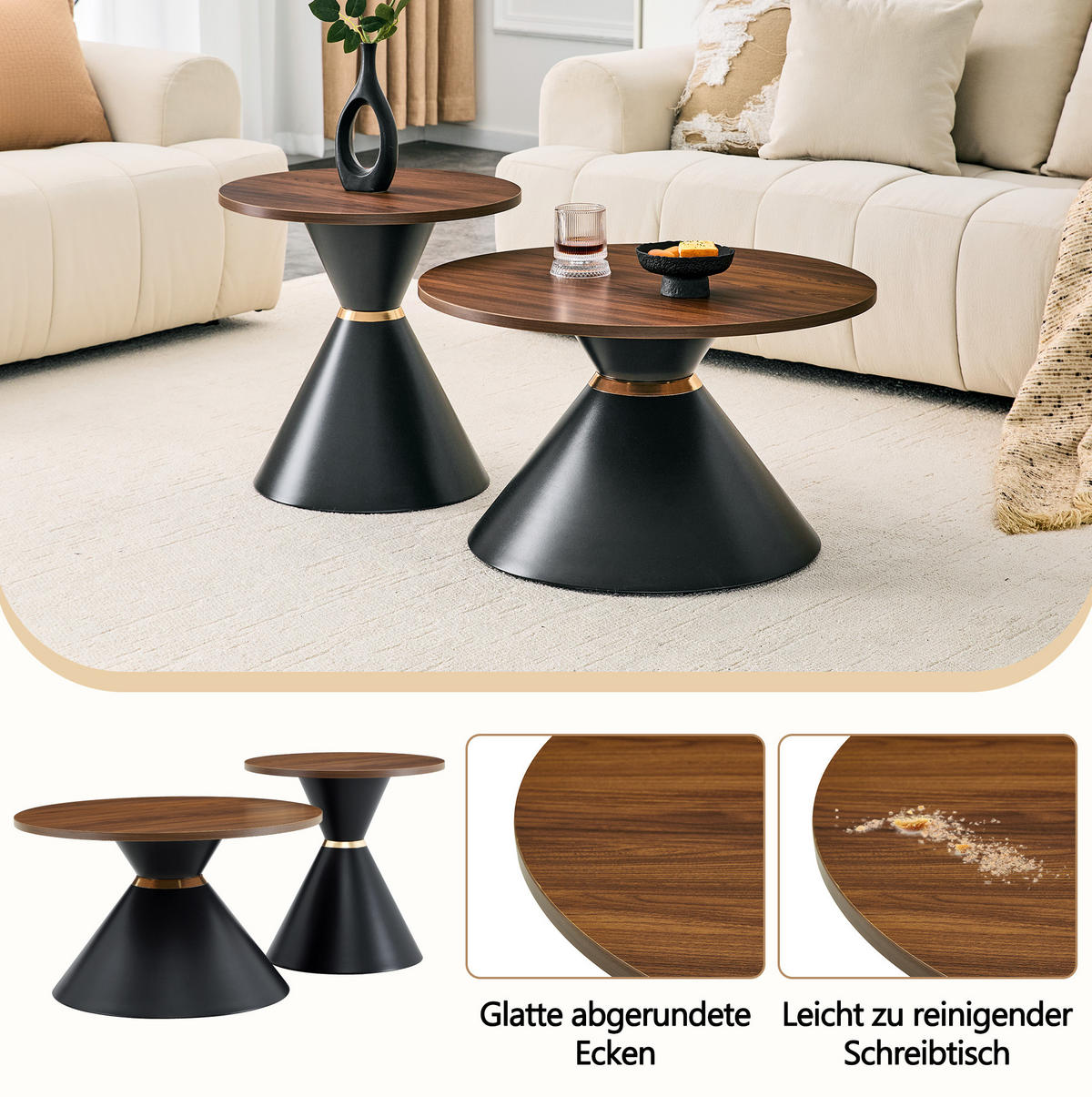 COUCHTISCH-SET 70/70/42,5 cm walnussfarben/schwarz aus Metall mit Konusform - Walnussfarben, Metall (70/70/42.5cm) - OKWISH