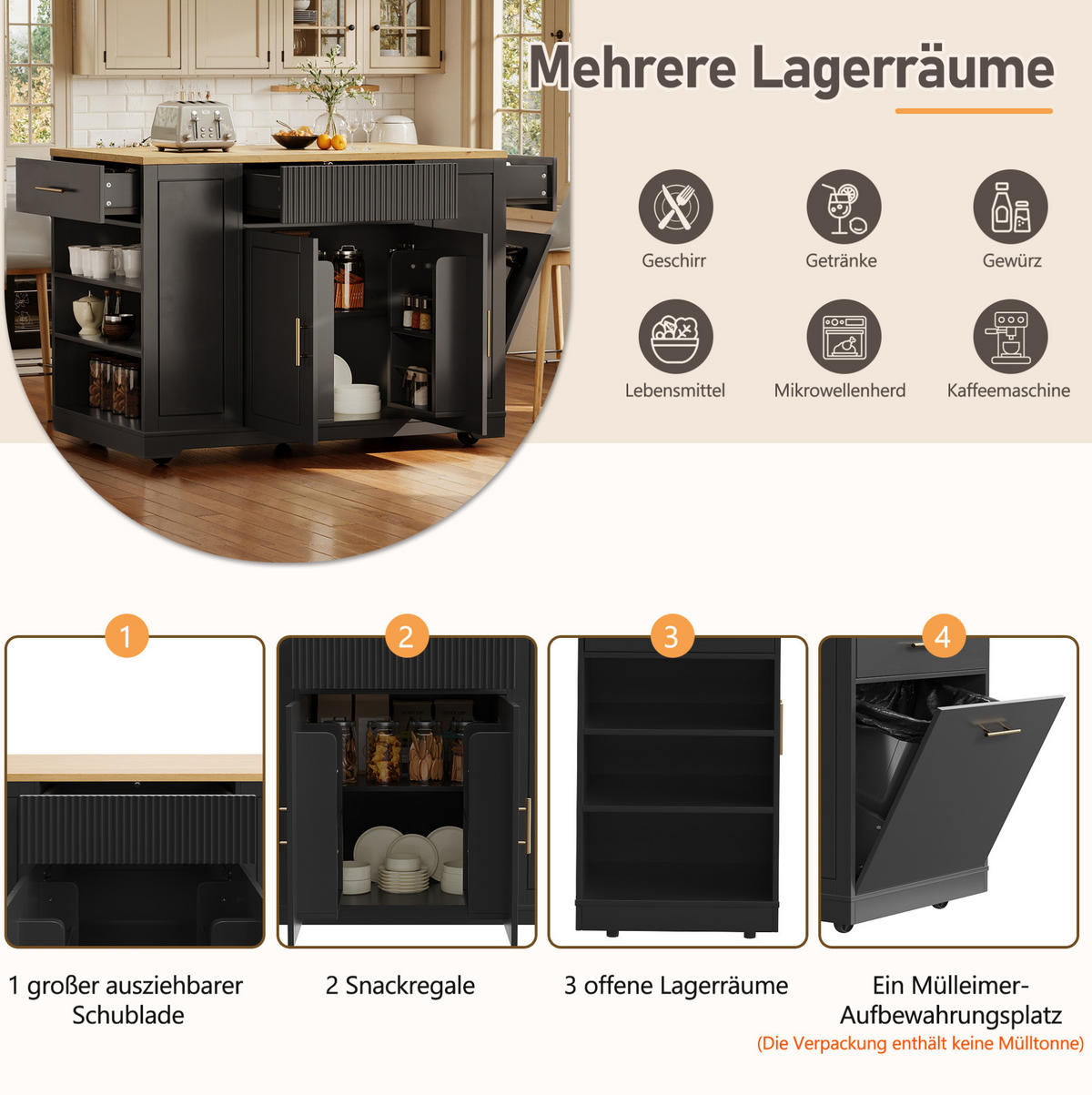 KÜCHENINSEL aus MDF und Metall 120x50x92 cm Schwarz mit Rollen, Abfallfach und 3 Schubladen - Schwarz, Holzwerkstoff (120/92/50cm) - Modfu