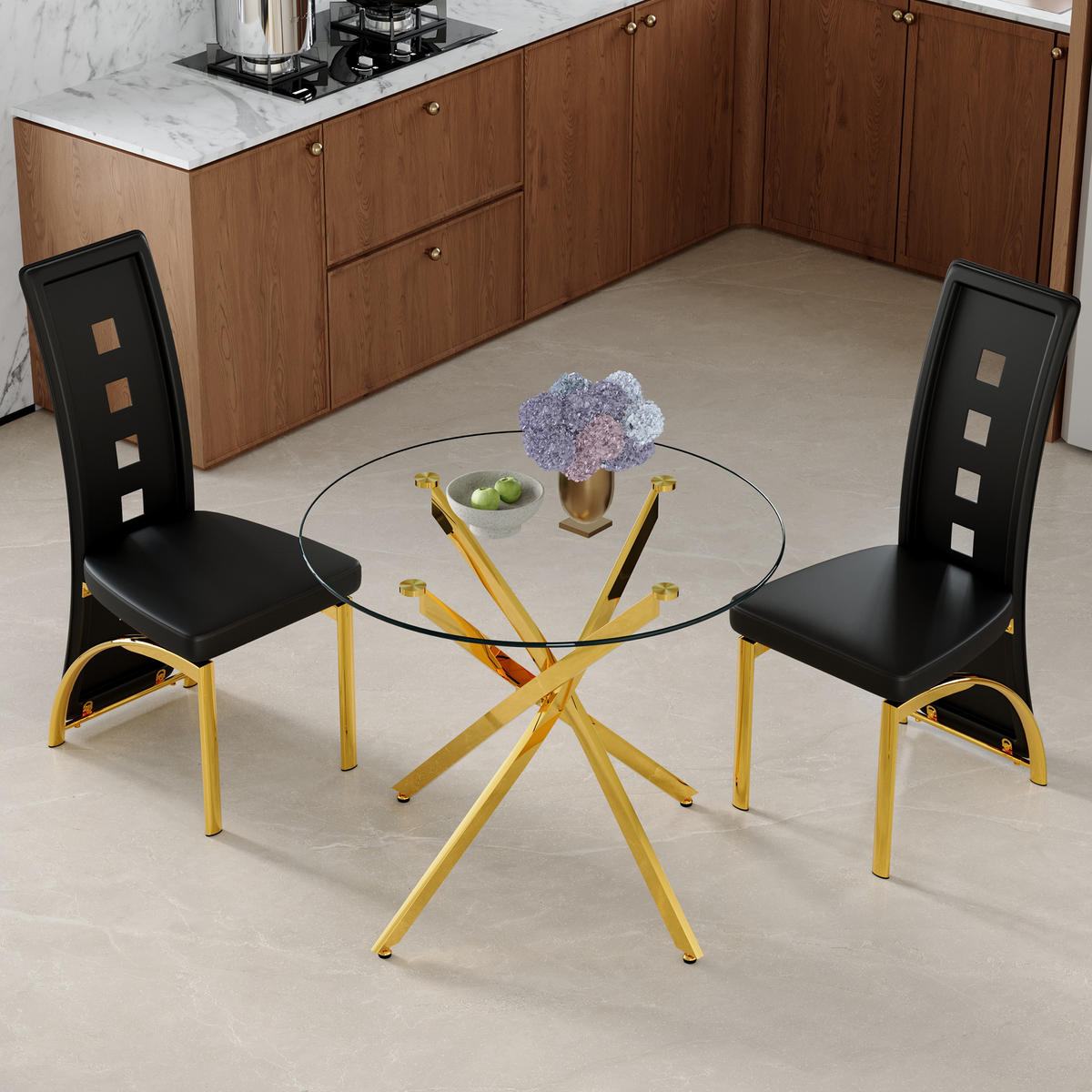 ESSGRUPPE DE-39452 3-teilig, Glastisch und 2 Stühlen mit Lochmuster Schwarz/Gold - Goldfarben/Schwarz, Metall (88/75/88cm) - ComfortXL