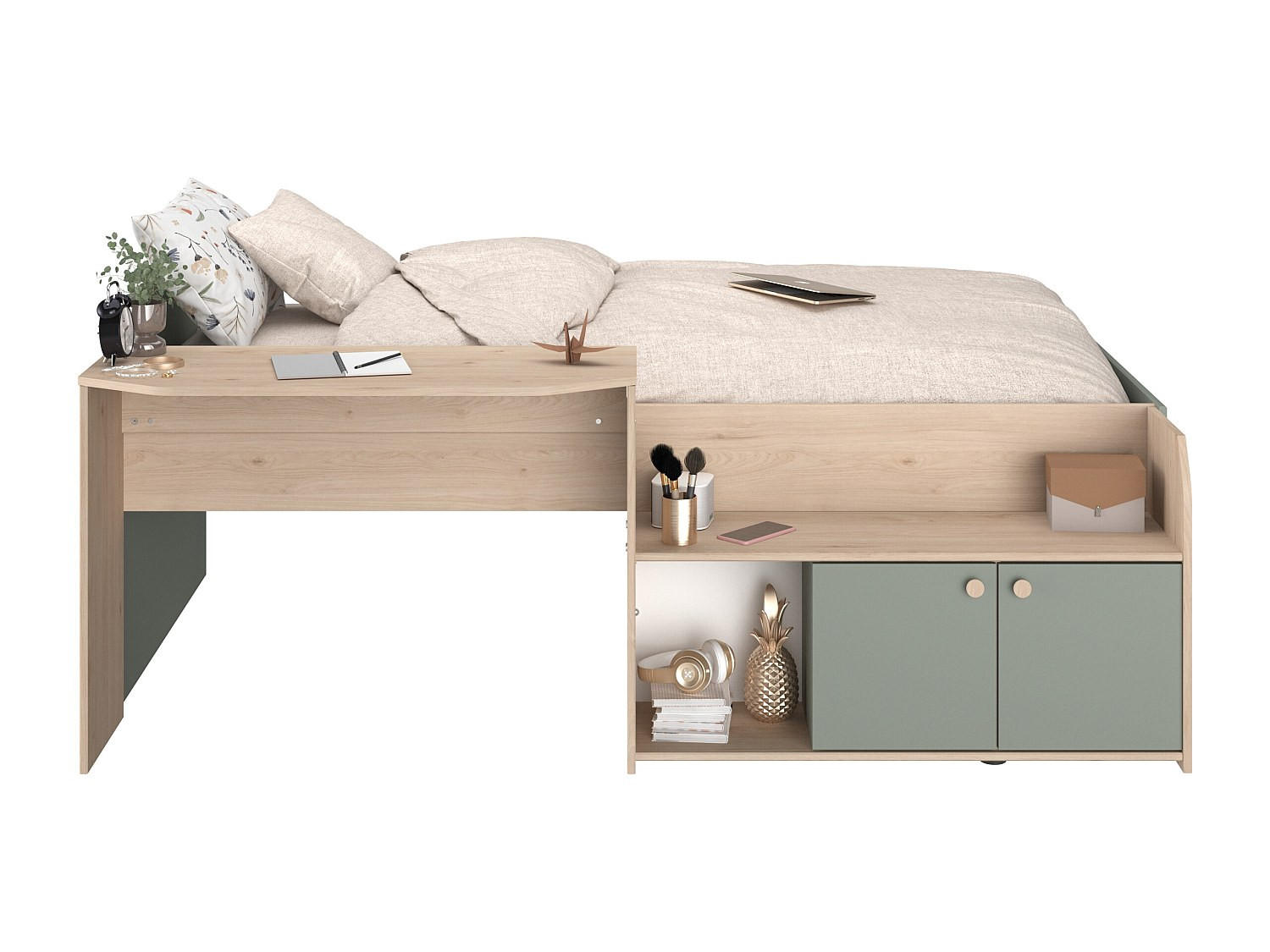BETTKOMBINATION - 1 Person - holz - mandelgrün, naturfarben hell Mivona - Naturfarben/Grün, Holz (90/200cm) - Vente-Unique