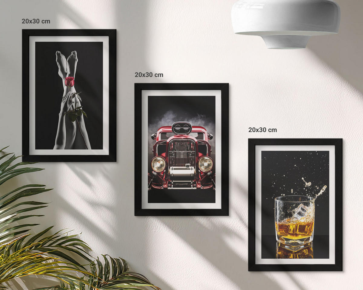 BILDER SET 3er Set - 20x30 cm Schwarzer Rahmen - Frauenbeine Rosenauto Whisky - Schwarz, Kunststoff (20/30cm) - TULUP