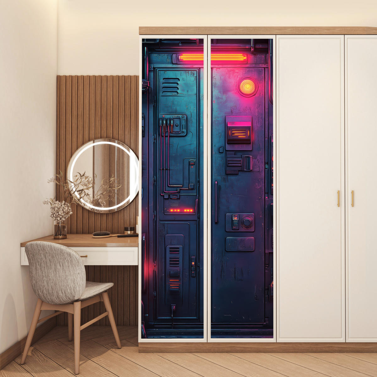 NÁLEPKA NA DVERE Dvere - futuristické - modré - ružové - neónové 90x235 cm - antracitová, plast (90/0.1cm) - MuchoWow