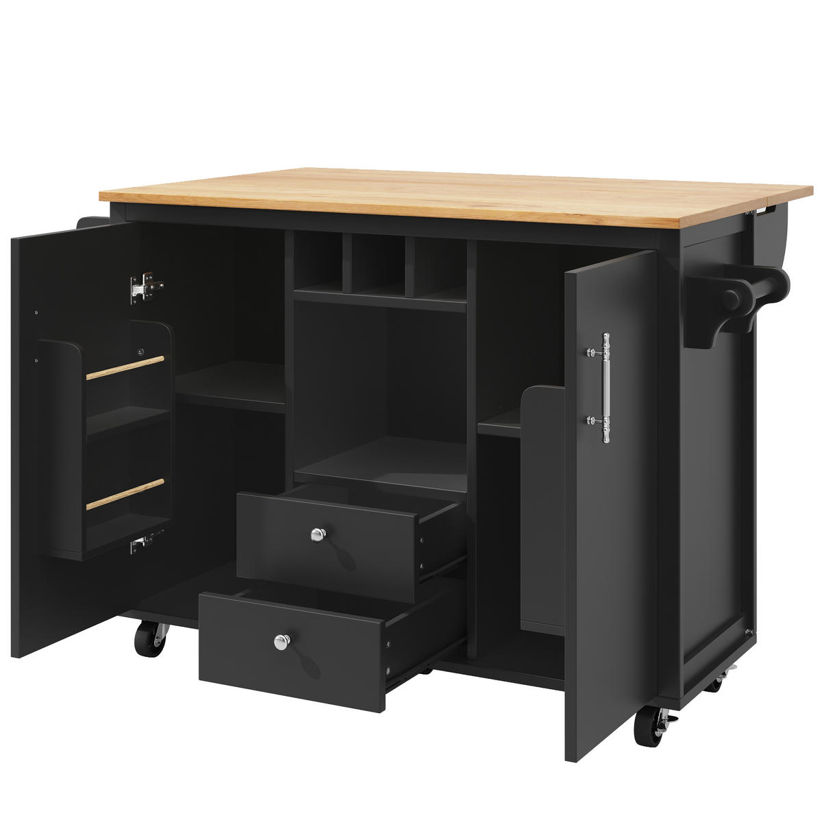 KÜCHENINSEL mit Rollen 138/73/92 cm Schwarz mit Klappplatte, Weinregal und 2 Schubladen - Schwarz, Holz/Holzwerkstoff (137.9/92.5/73cm) - Oxeza