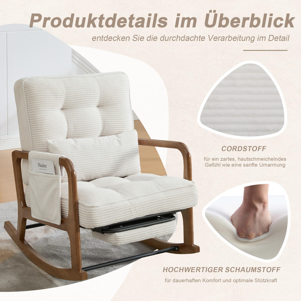 SCHAUKELSTUHL Beige Cord mit Fußstütze, Seitentaschen und verstellbarer Lehne - Beige, Textil (80/92/70cm) - Oxeza