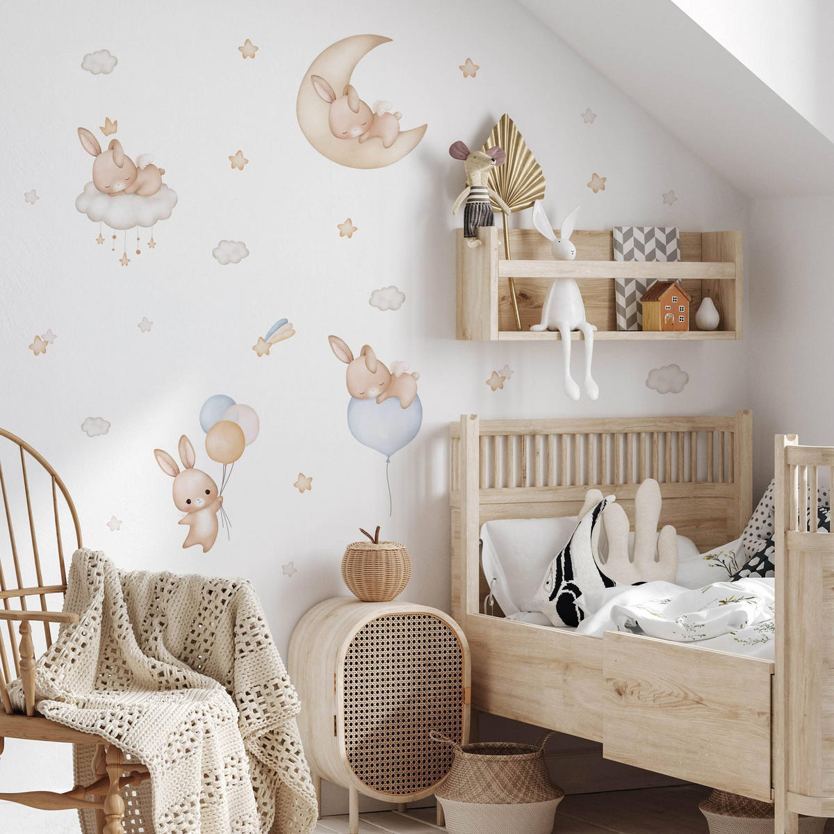 NÁLEPKY NA STENU Králiky Oblaky Hviezdy Balóny 60 x 30 cm - hnedá/žltá, papier (60/30/1cm) - Muralo