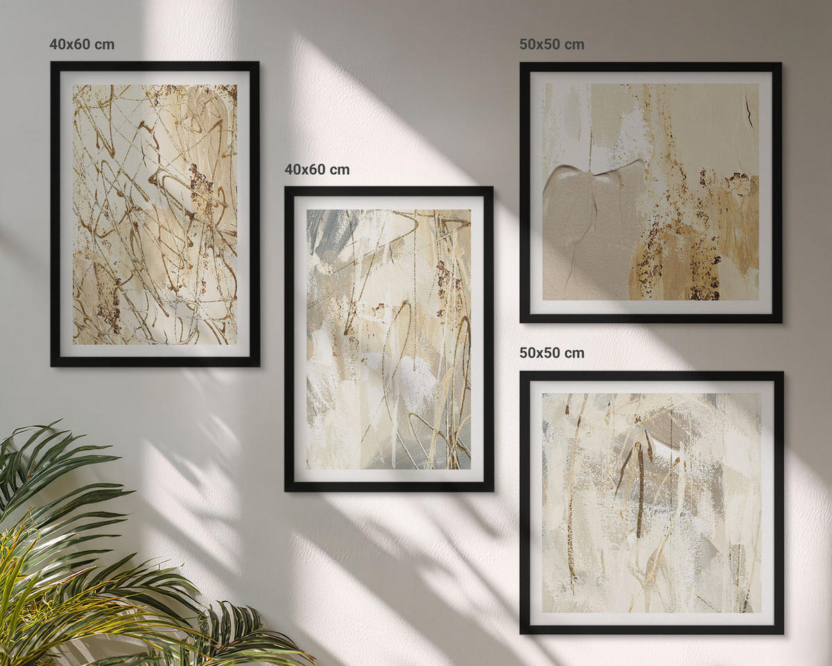BILDER SET 4er Set - 50x50 cm & 40x60 cm Schwarzer Rahmen - Beige abstrakte Formen Linien - Schwarz, Kunststoff (50/50cm) - TULUP