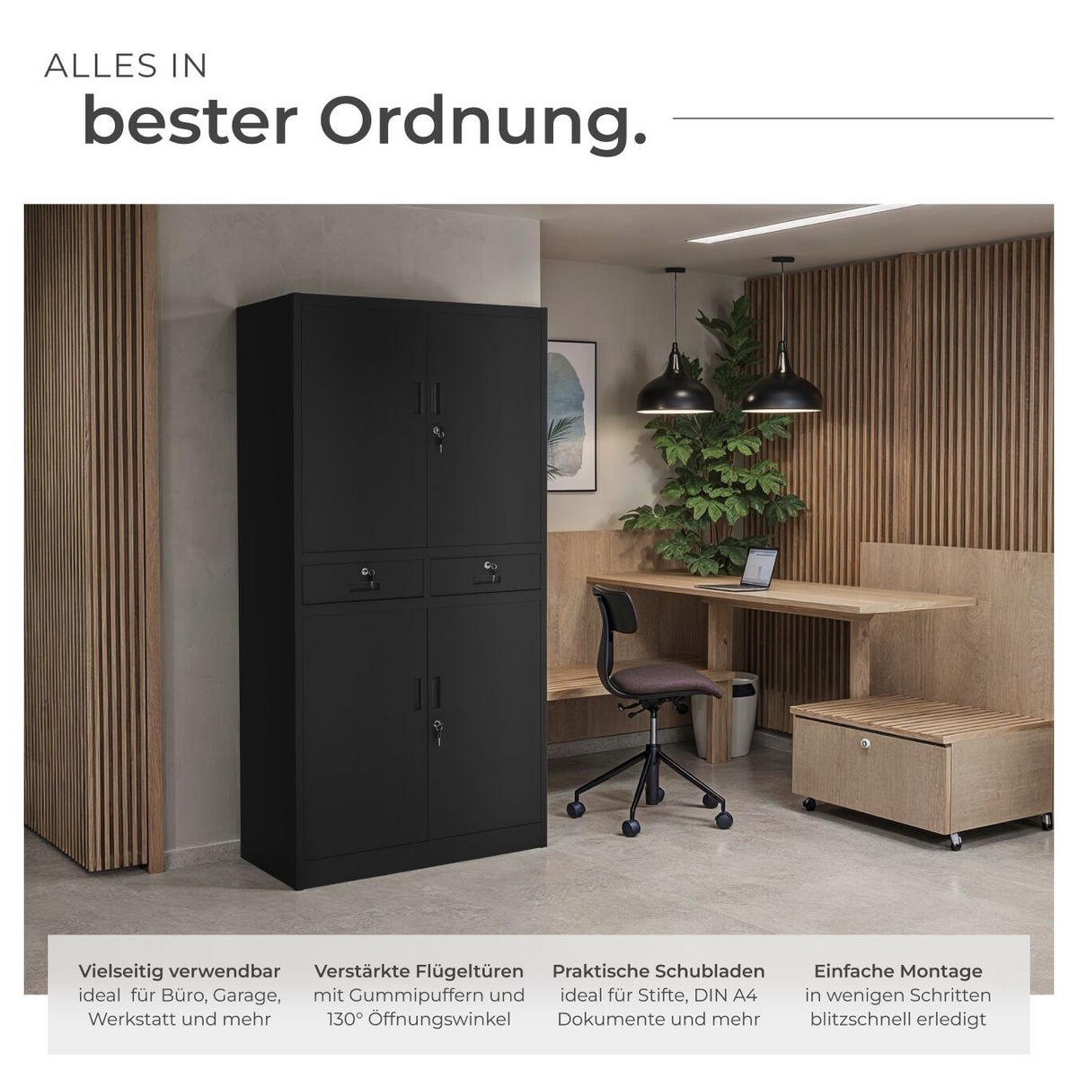 AKTENSCHRANK ,180 x 80 x 40 cm,schwarz/schwarz - Schwarz, Metall (40/180/80cm) - tectake