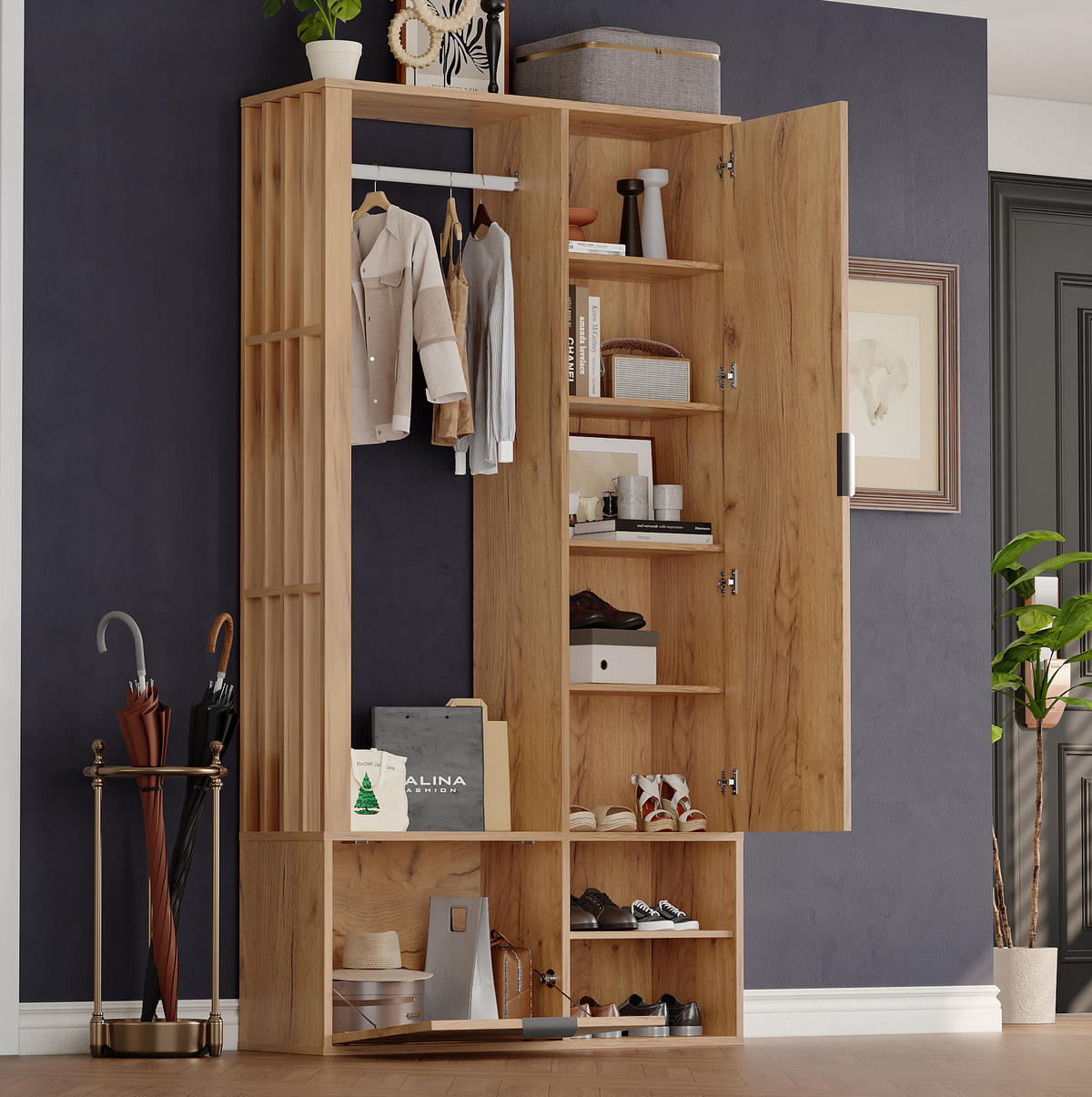 GARDEROBE 100/190/33 cm natürliche Holzfarbe aus Spanplatte mit Spiegel - Naturfarben, Holzwerkstoff (33/190/100cm) - OKMYHOME