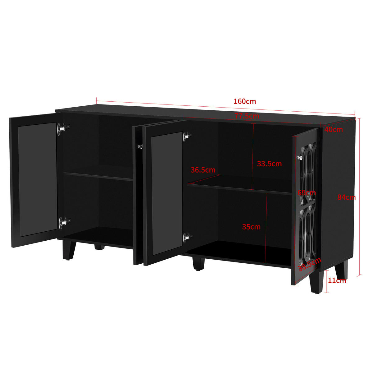 SIDEBOARD 160/40/84 cm schwarz aus MDF mit 4 Türen - Schwarz, Holzwerkstoff (160/84/40cm) - OKWISH