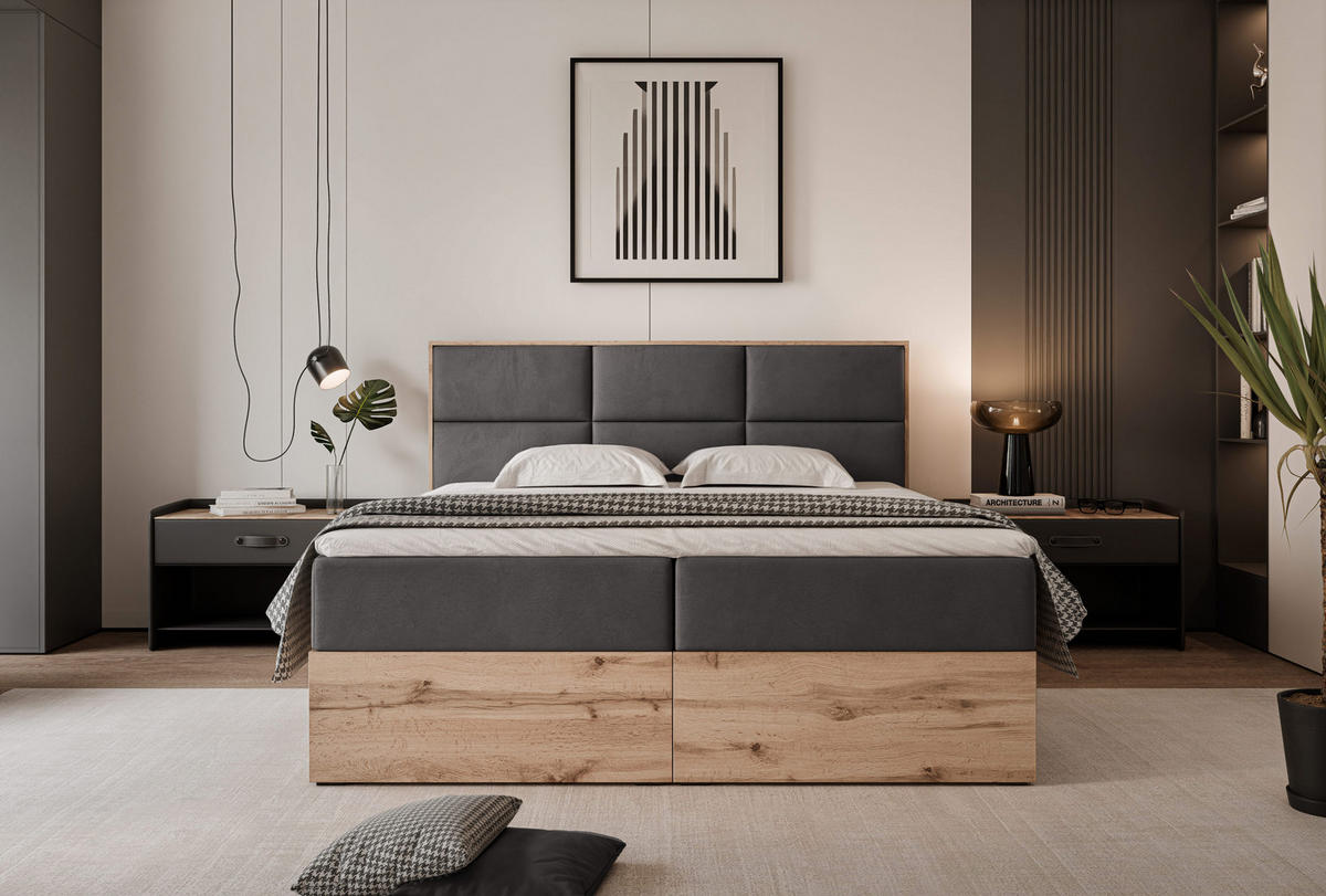 BOXBETT LAVIO 160/200 cm, in Grau, mit Matratze und Topper - Grau, Holzwerkstoff/Textil (160/200cm) - Idohome