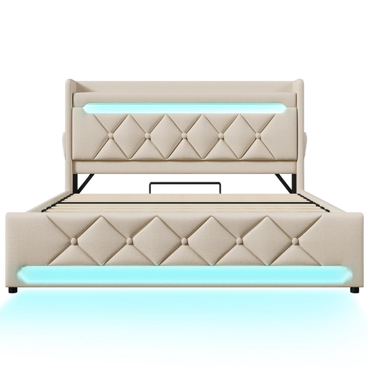 POLSTERBETT 160/200 cm beige mit Stauraum Kopfteil und USB-Anschlüssen, 360-Grad-LED-Beleuchtung - Beige, Textil (160/200cm) - OKWISH