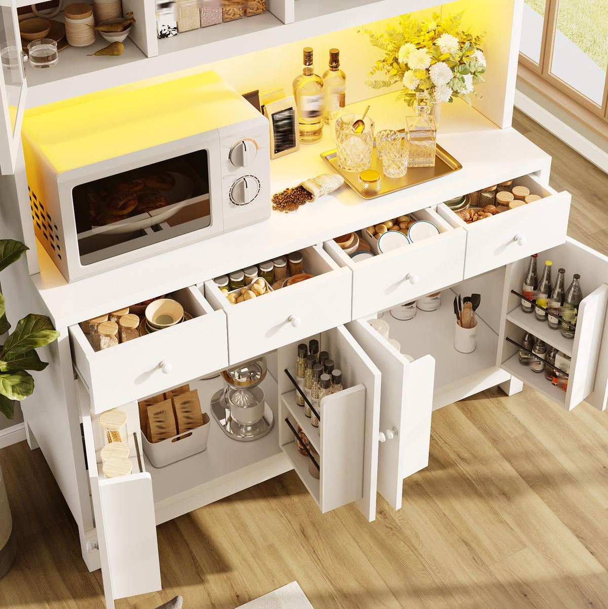 BUFFETSCHRANK aus MDF 140x38,5x180 cm Weiß mit RGB-LED, Glastüren, 4 Schubladen und Stauraum - Weiß, Holzwerkstoff (140/180/38.5cm) - IVMEU