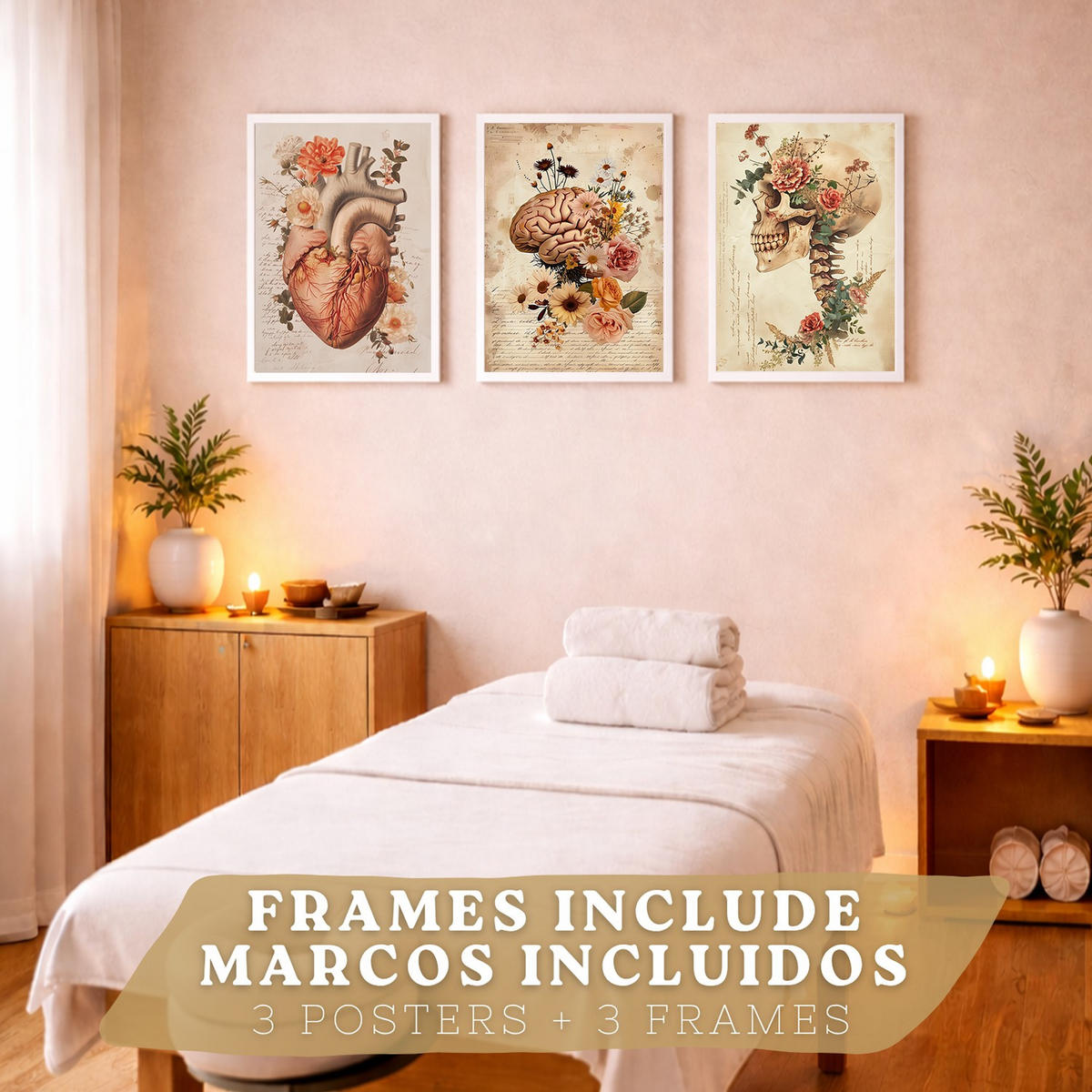 POSTER Set aus 3 Anatomie Mensch Drucke und Wandbilder mit Herz Gehirn und Schädel Vintage Floraler Stil Wanddekoration Größe Weißer Rahmen A3 - Weiß, Papier (29.7/42/3cm) - Nacnic