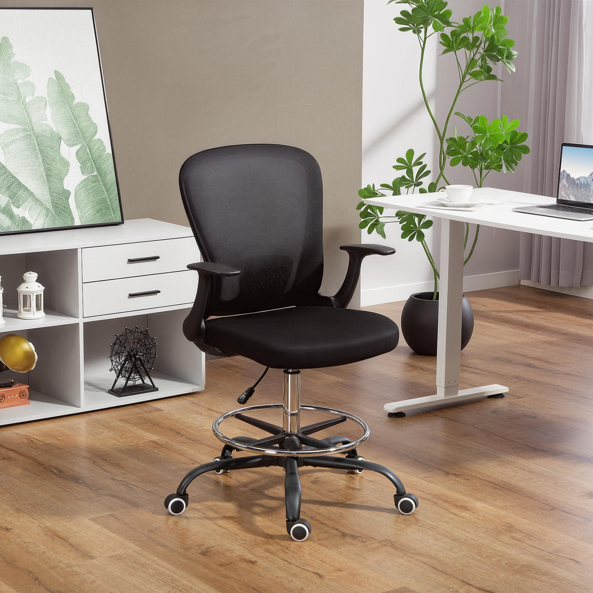 BÜROSTUHL Schreibtischstuhl mit verstellbarer Fußring Lendenwirbelstütze Schwarz - Schwarz, Textil (59/119/62cm) - HOMCOM