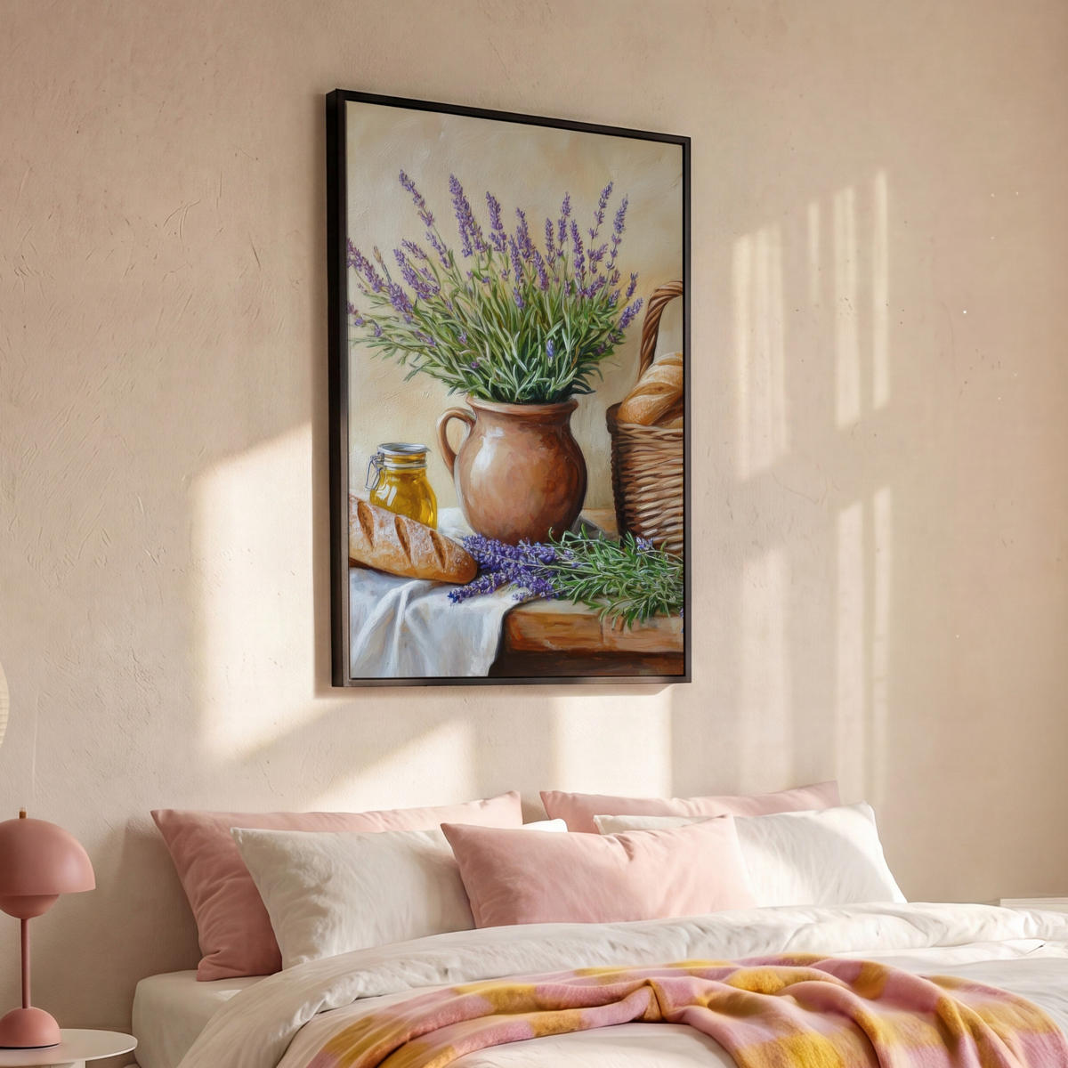 LEINWAND Bilder mit Rahmen - Lavendel - Brot - Stilleben - 100x150 - Flieder, Textil (100/150cm) - MuchoWow