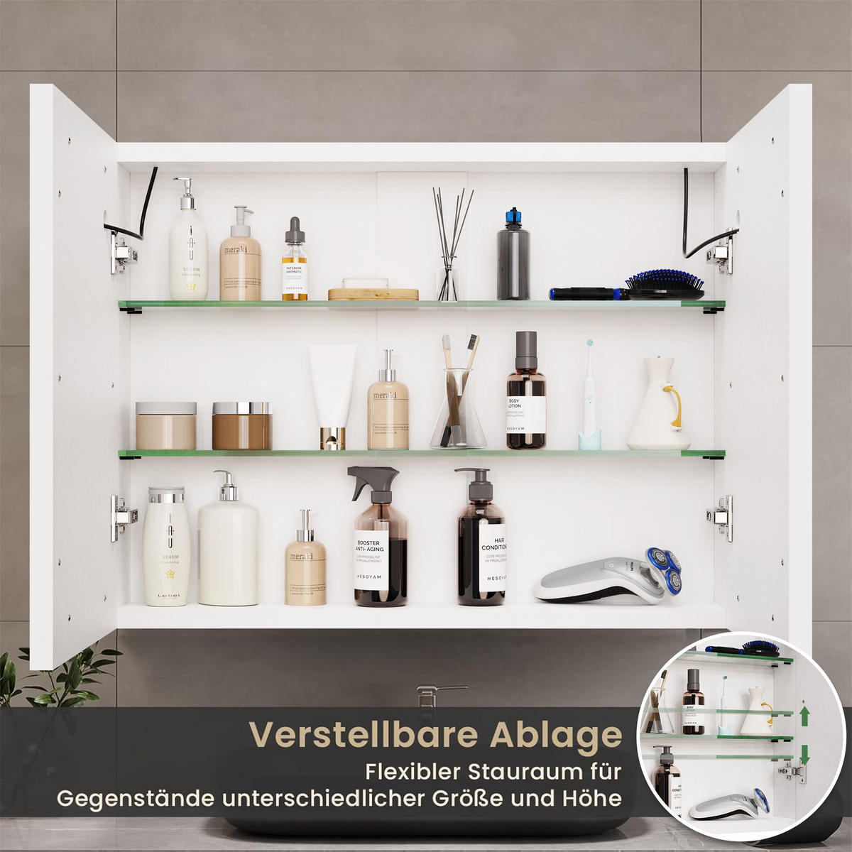SPIEGELSCHRANK Badezimmerschrank mit LED-Beleuchtung, höhenverstellbaren Einlegeböden, drei Farbtemperaturen, Korpus, zweitüriger Schrank - Weiß, Holz/Holzwerkstoff (13.5/60/80cm) - WoodenAura