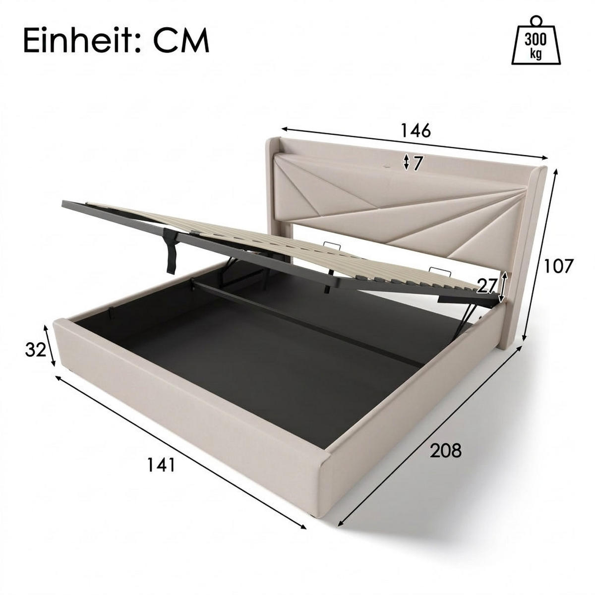 POLSTERBETT 140/200 cm Beige mit USB Typ C Ladefunktion und Stauraumbetten (Ohne Matratze) - Beige, Textil (140/200cm) - Oxeza
