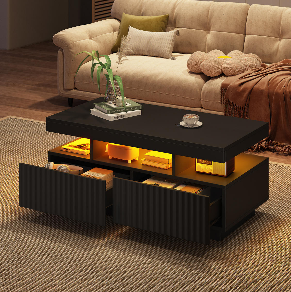 COUCHTISCH aus Spanplatte 100x50x45 cm Schwarz mit 2 Schubladen, offener Ablage und LED-Beleuchtung - Schwarz, Holzwerkstoff (100/50/45cm) - Modfu