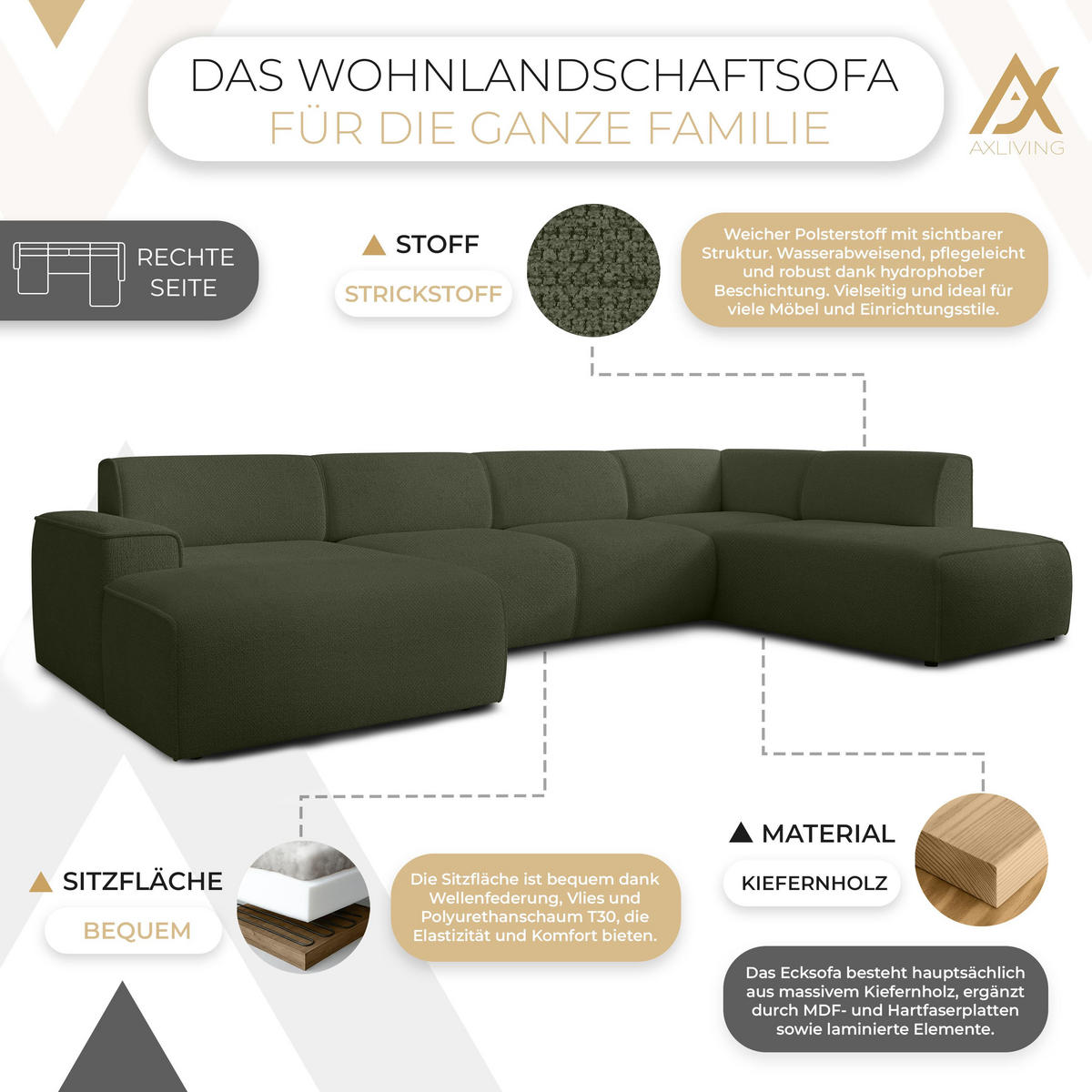 WOHNLANDSCHAFT Didim Grün 378/220/78 cm – großes Sofa stilvoll & bequem R - Schwarz/Grün, Kunststoff/Textil (378/78/220cm) - AX Living