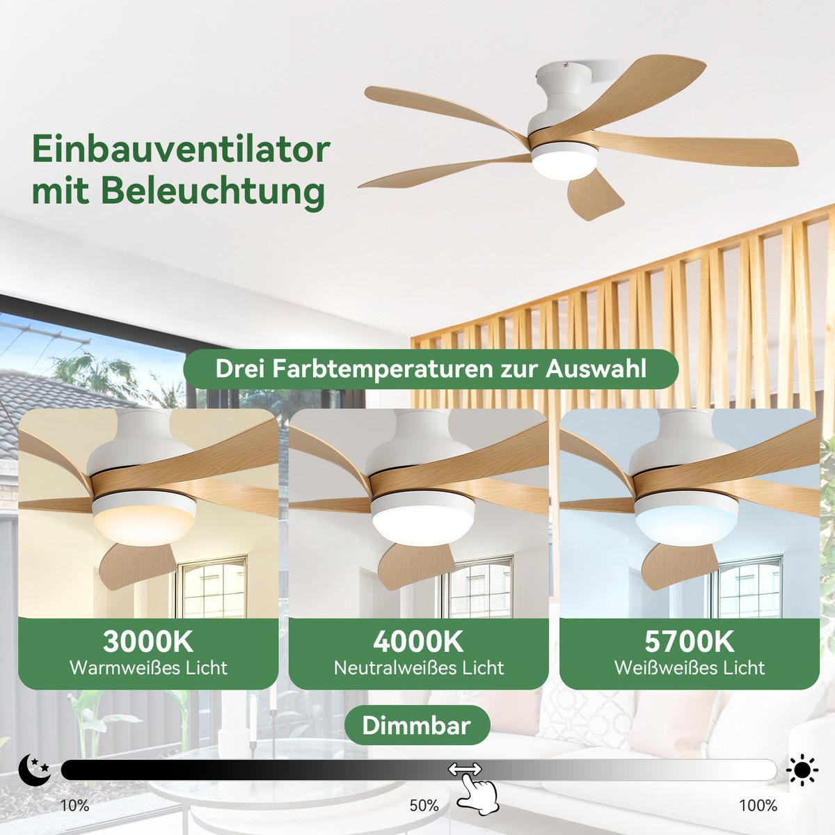 DECKENVENTILATOR 132cm Direktmontage LED Licht 5 Flügel DC Motor - Weiß, Kunststoff (132/132/30.5cm) - CASIVA