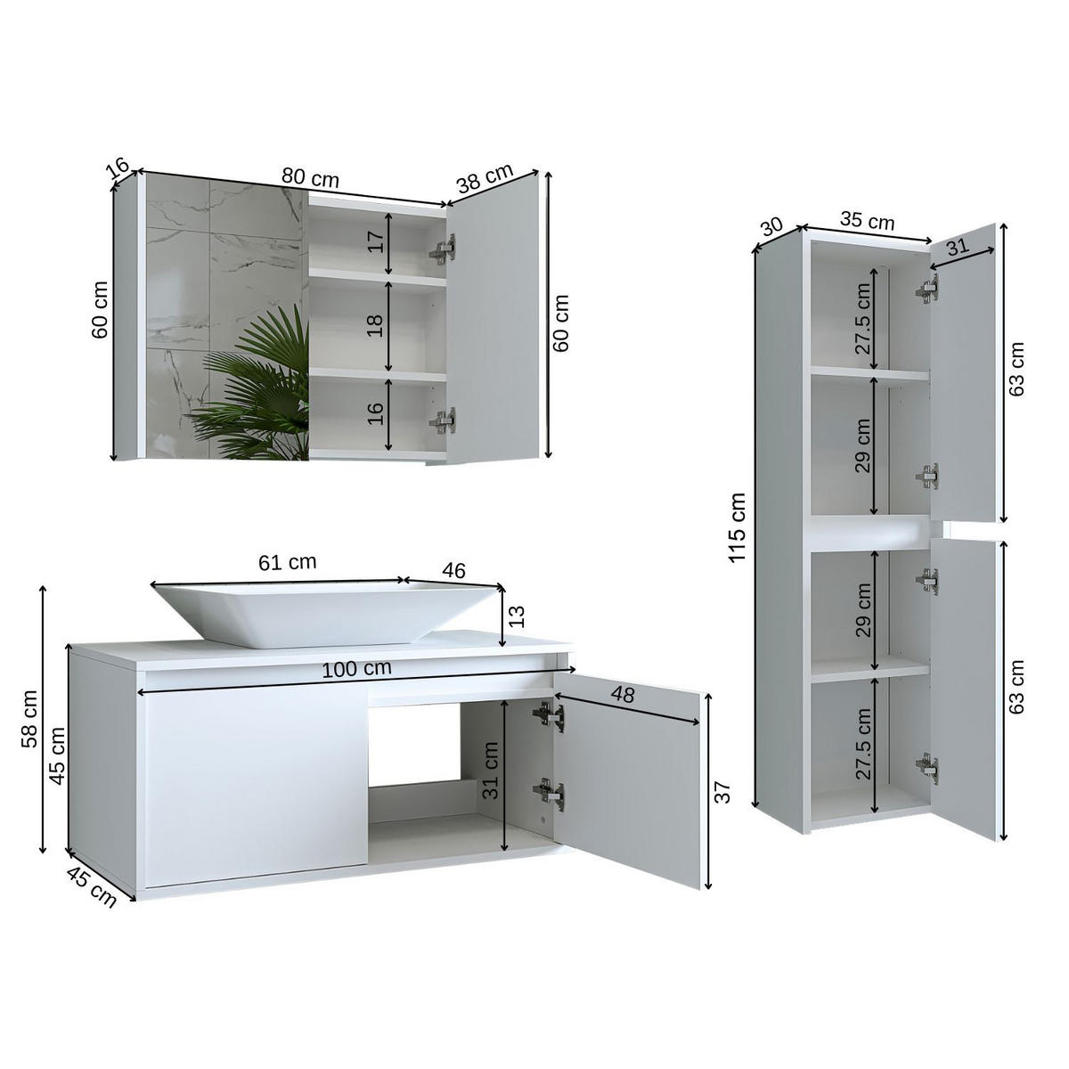 BADMÖBEL Set ATLANTIC-100 4-teilig - Weiß, Holzwerkstoff (100/150/45cm) - Roomart