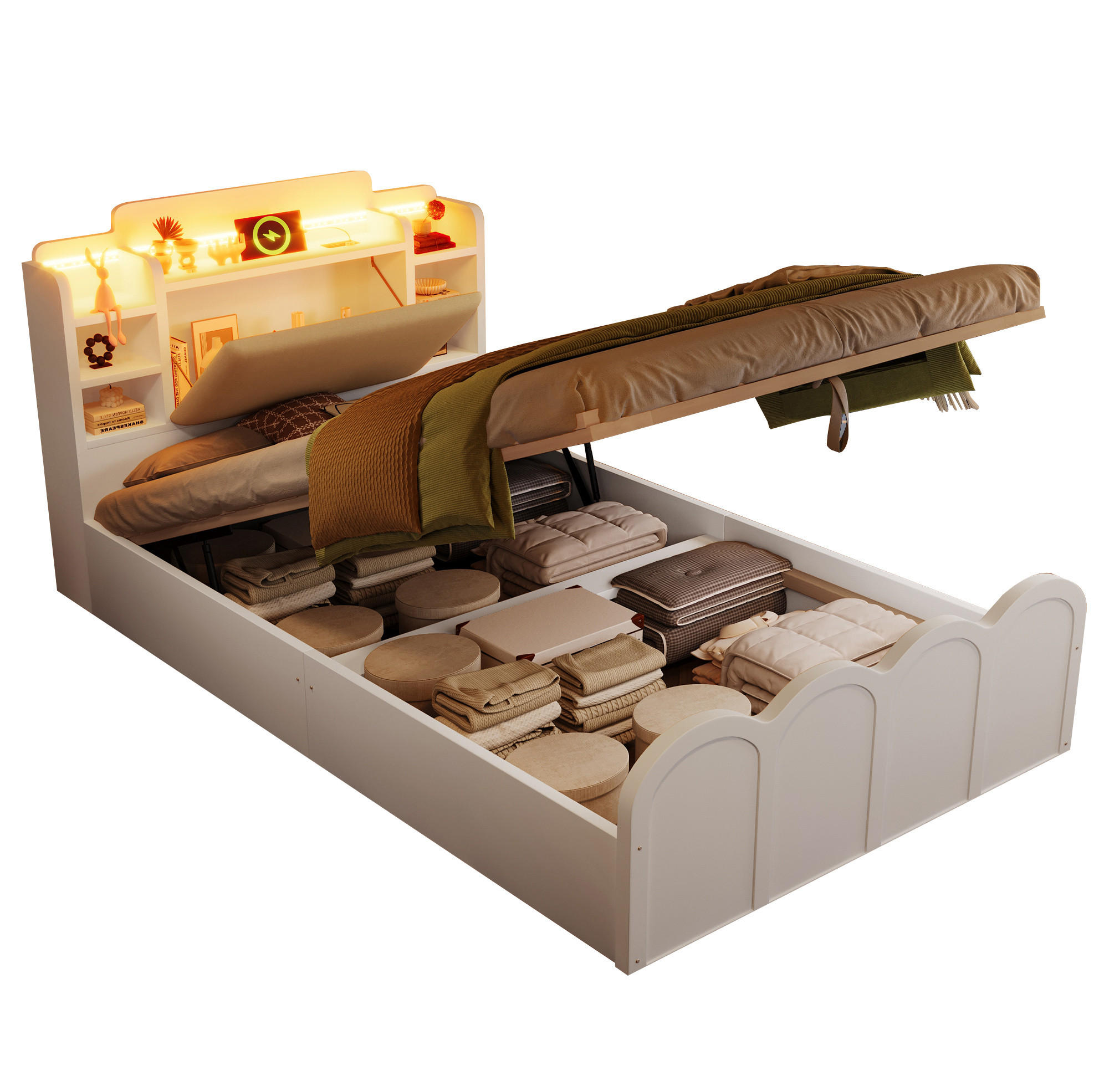 KINDERBETT 90/200 cm in Weiß mit Stauraum, LED und USB-C - Weiß, Holz (90/200cm) - BEAOK