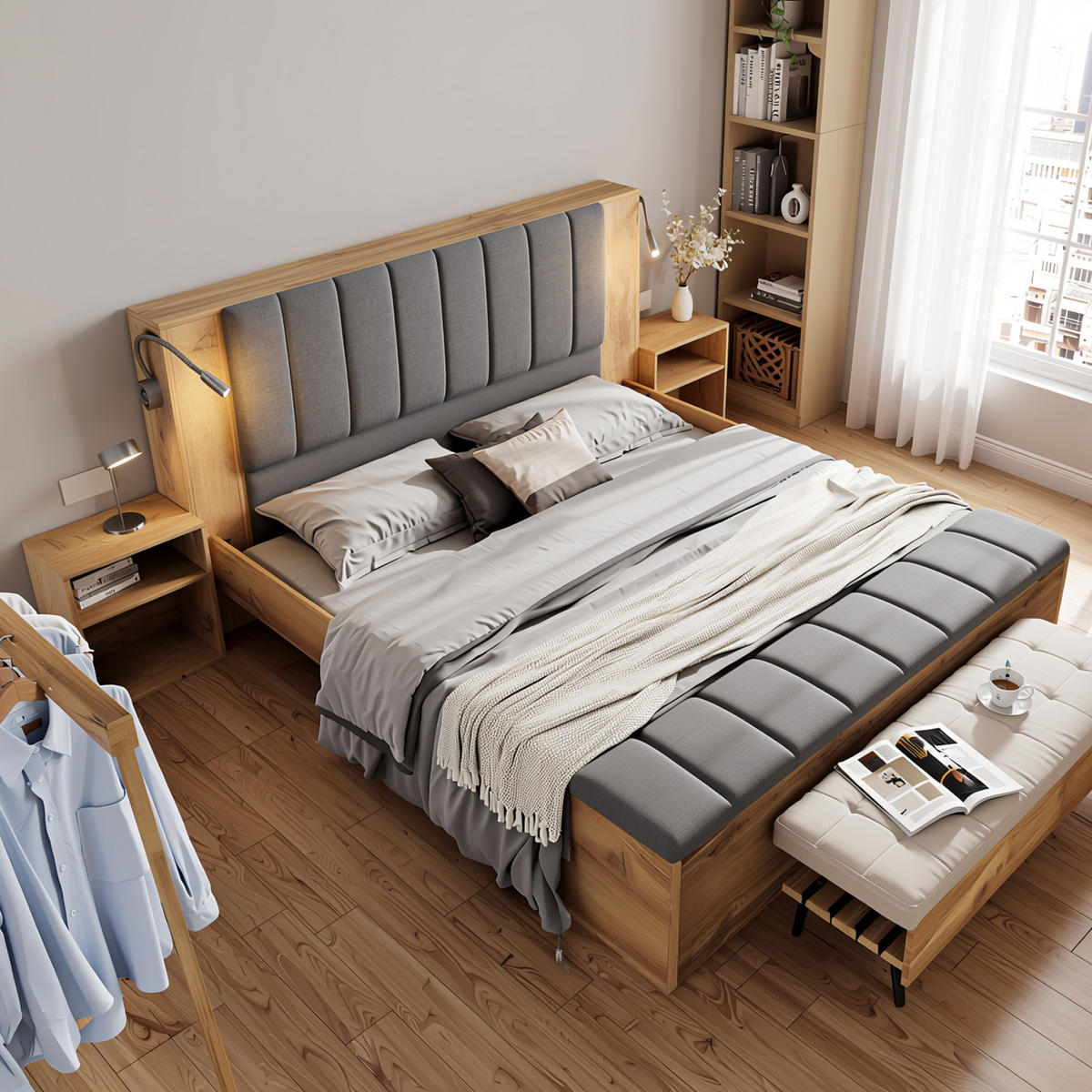 ČALOUNĚNÁ POSTEL vzhled dubu a lnu 160x200 s nočními stolky a lavičkou k posteli - barva dubu, dřevo (160/200cm) - Urban Meuble