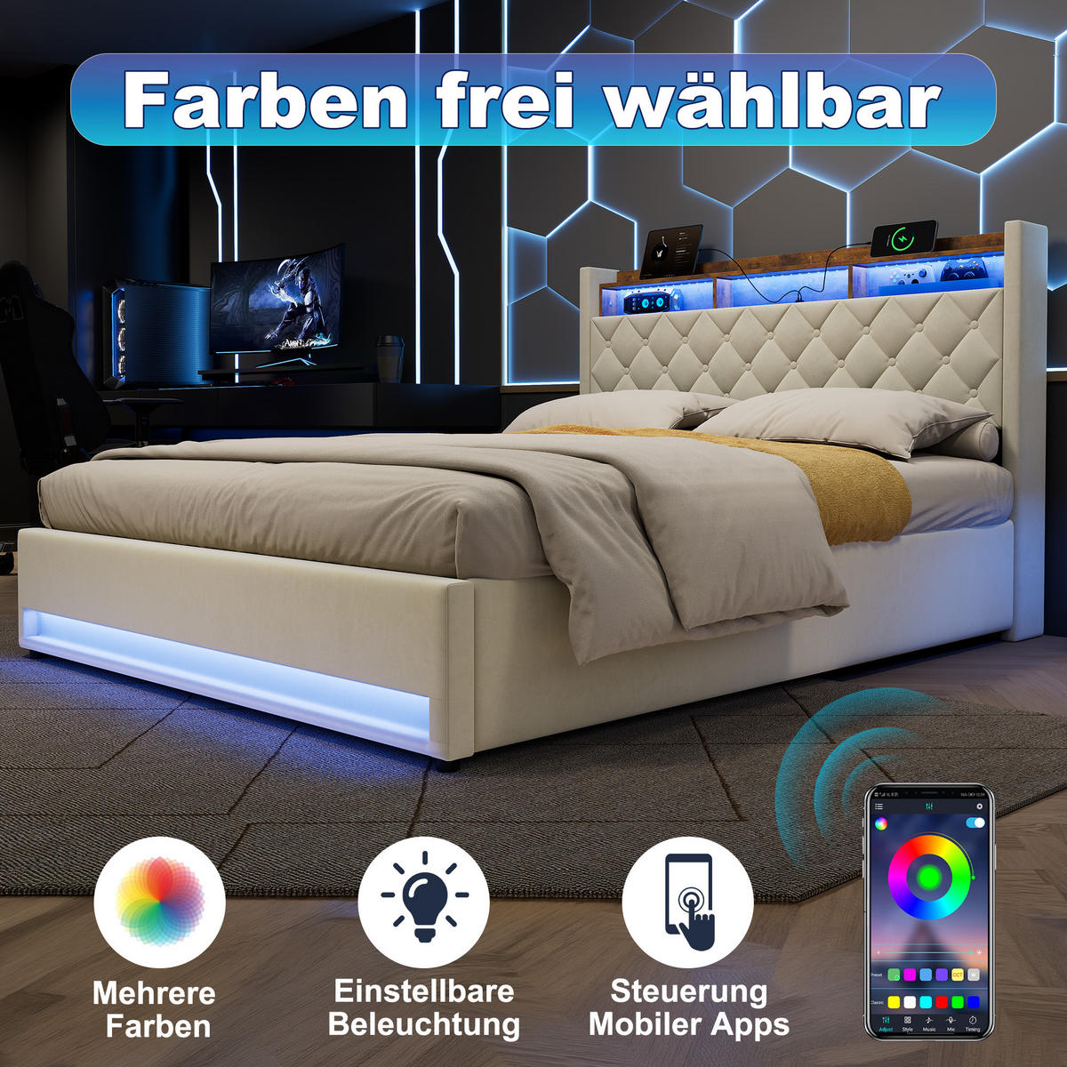 POLSTERBETT 160/200 cm mit LED, Hydraulik und USB ohne Matratze - Beige, Textil (160/200cm) - MIVRAY