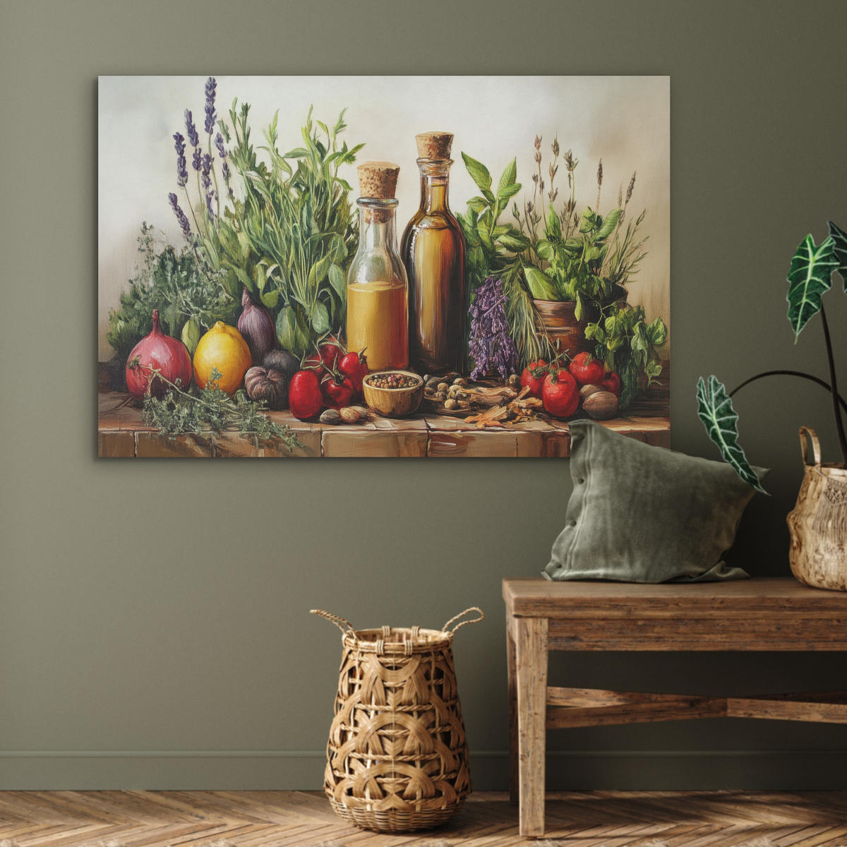 AKUSTIKBILD Stilleben - Kräuter - Gewürze - Früchte - Farbenfroh Akustikpaneele 90x60 cm - Grün, Kunststoff (90/60/0.9cm) - MuchoWow