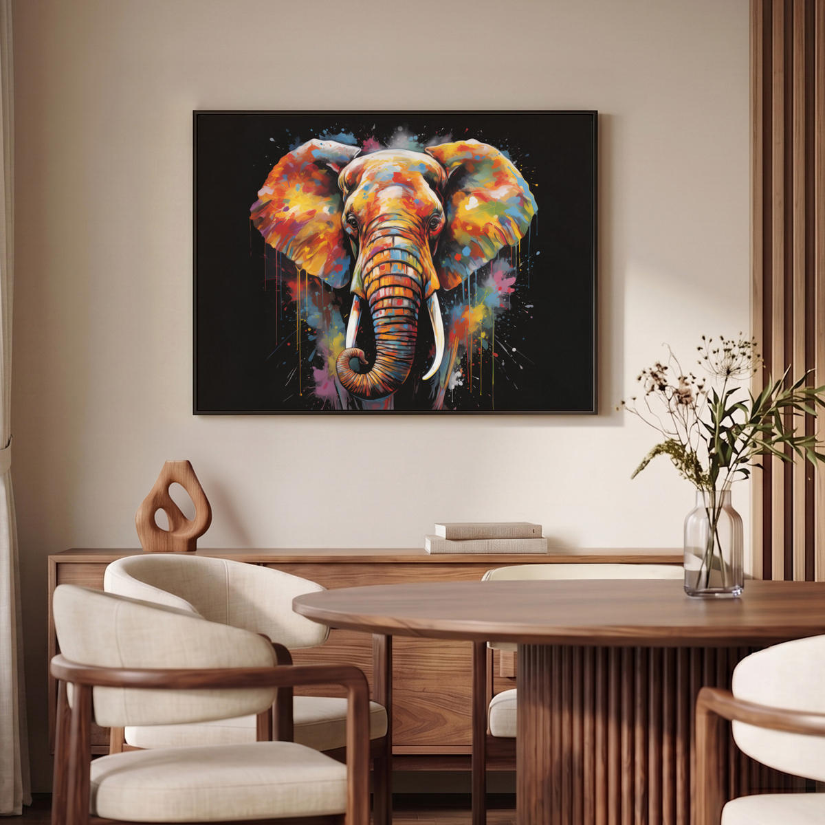 LEINWAND Bilder mit Rahmen - Elefant - Graffiti - Schwarz - Tiere - Farben - 100x70 - Schwarz, Textil (100/70cm) - MuchoWow