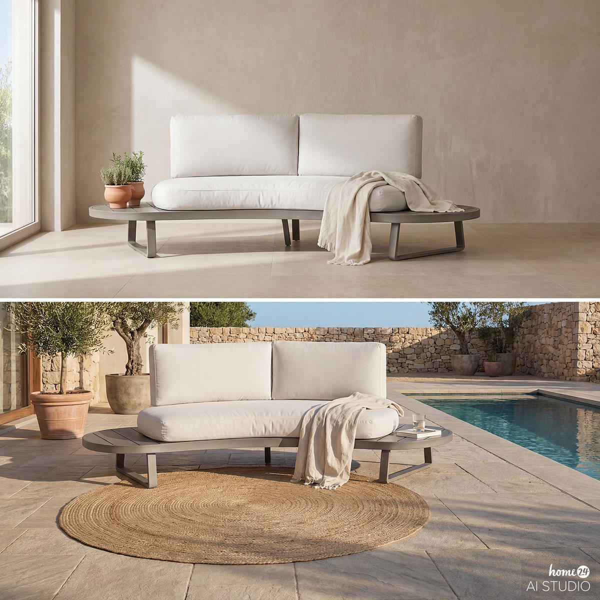 LOUNGESOFA - Aluminium / Polyester - Grau - Grau, Holz/Textil (230/64/98cm) - home24