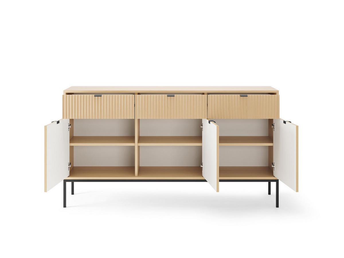 MODERNE Geriffelte Kommode KIOTO K3D3SZ (Eiche Vicenza, Schwarzes Gestell, Soft-Close Türen) - Eichefarben/Schwarz, Holz/Holzwerkstoff (154/91/39cm) - Ravio