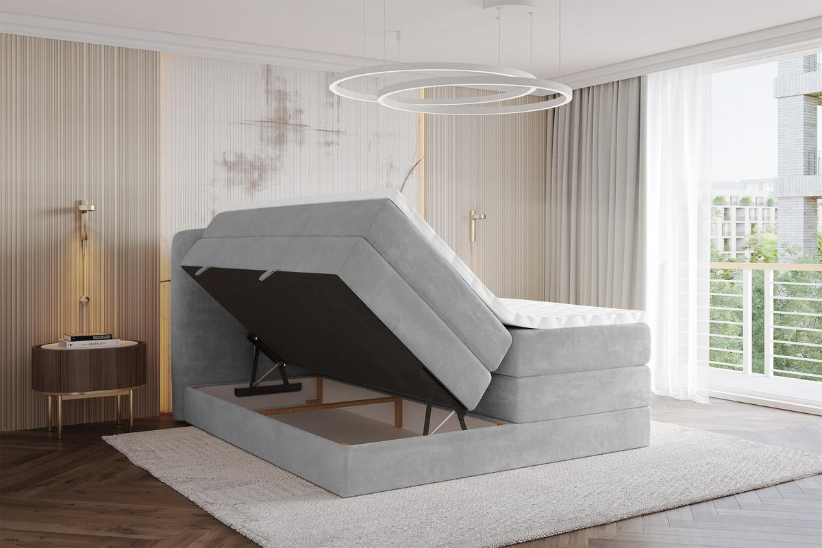BOXBETT mit Matratze H3|H4 - NINA KING - 160x200 cm - Hellgrau - Hellgrau, Holzwerkstoff (160/200cm) - ALTDECOR
