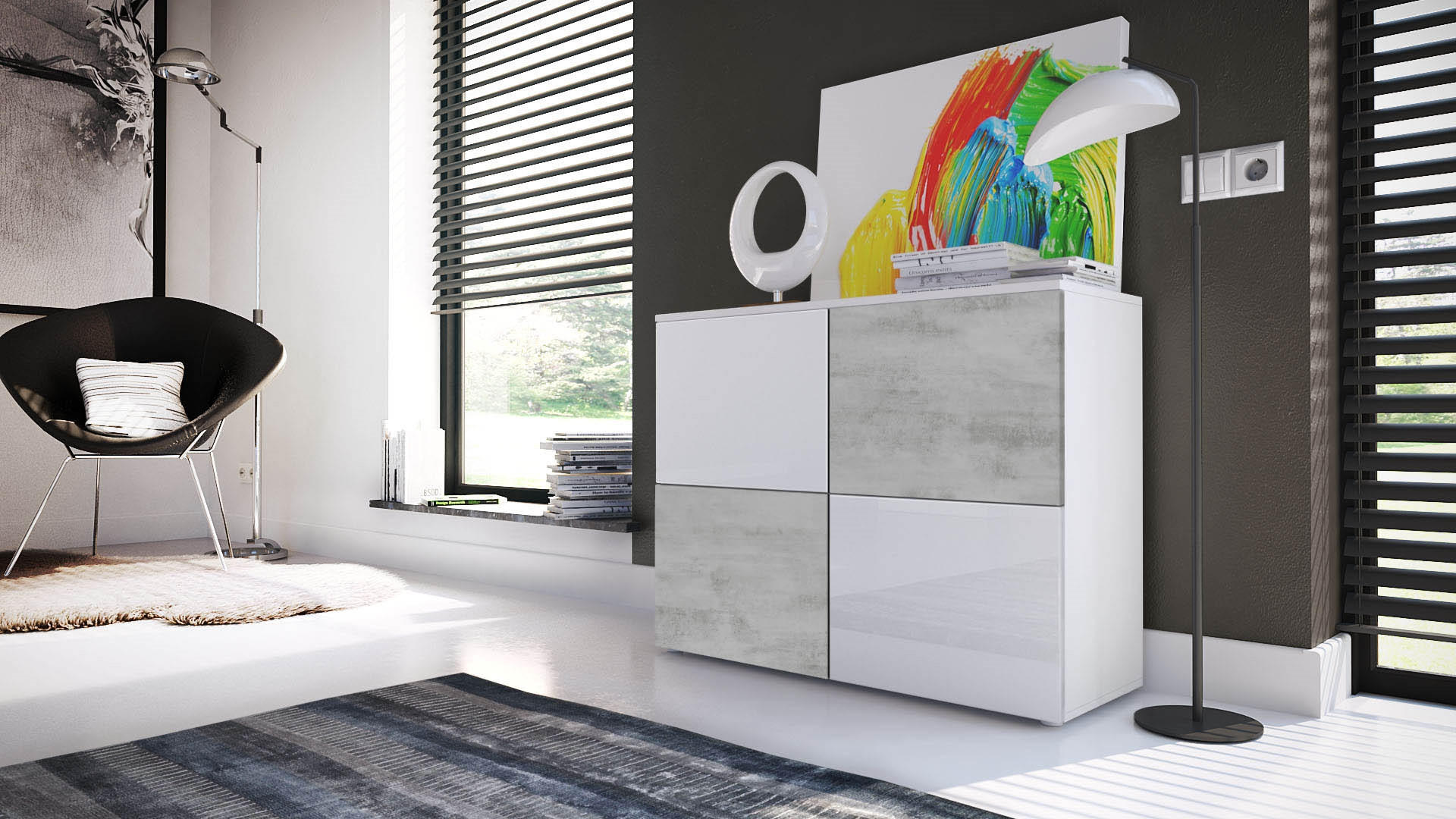 KOMMODE Rova Weiß Hochglanz / Beton Oxid Optik - Weiß Hochglanz/Hellgrau, Holzwerkstoff (92/72/35cm) - Vladon